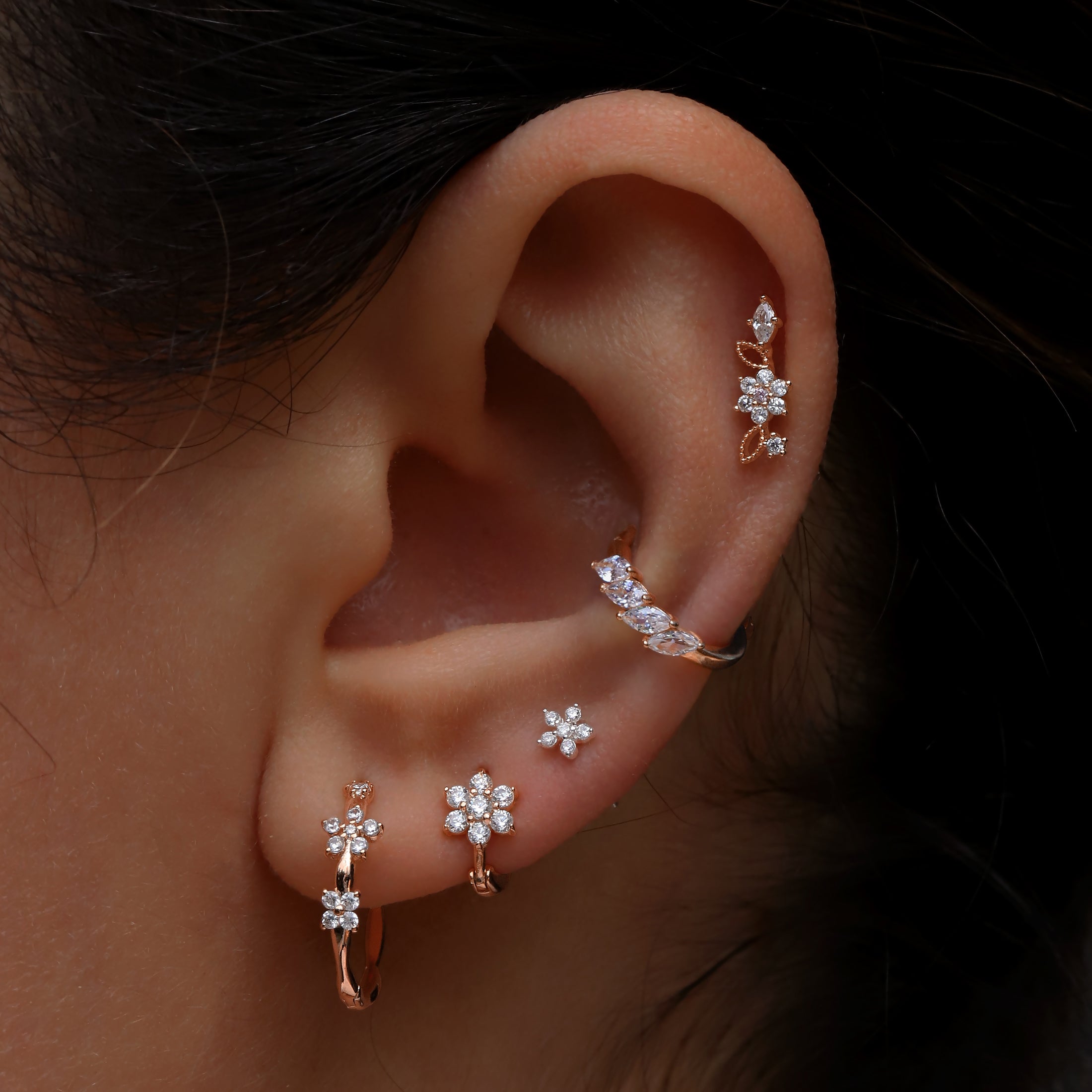 Petals Gemstone Helix conch & Cartilage Hoop Piercing On Model - Rose Gold