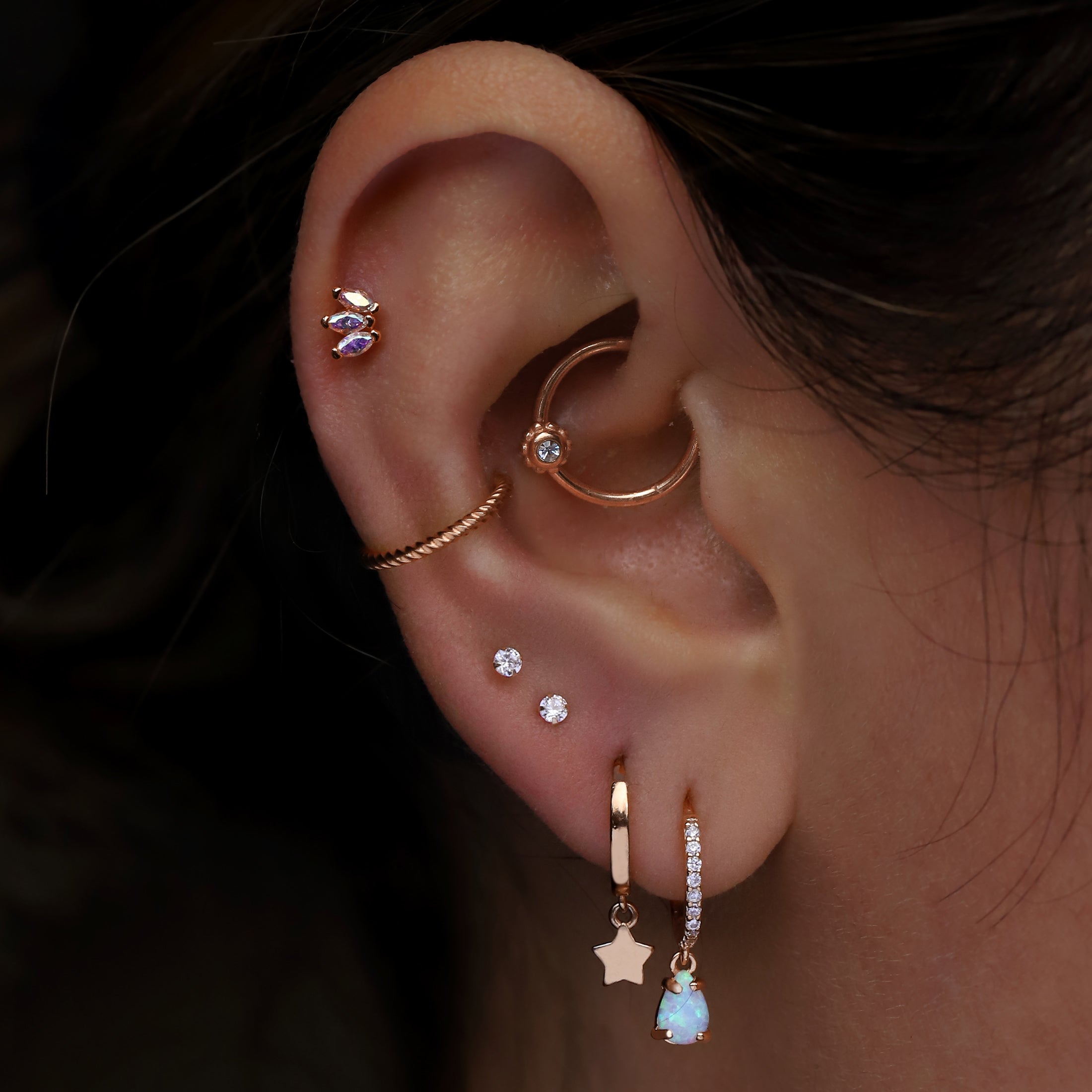 Rope Helix Conch & Cartilage Hoop Piercing On Model - Rose Gold