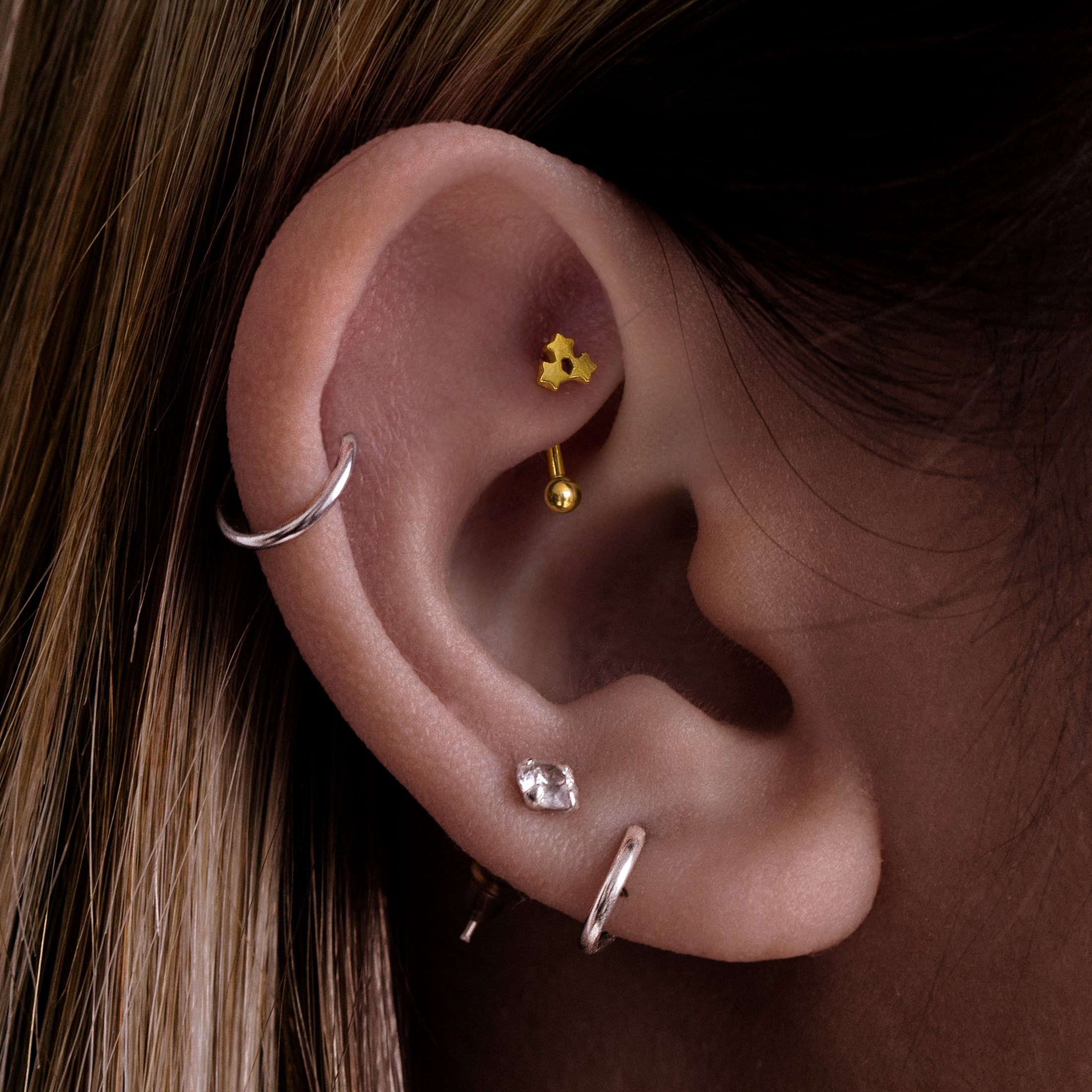 Cosmic Triple Stars Rook Curved Barbell Piercing On Model - Gold