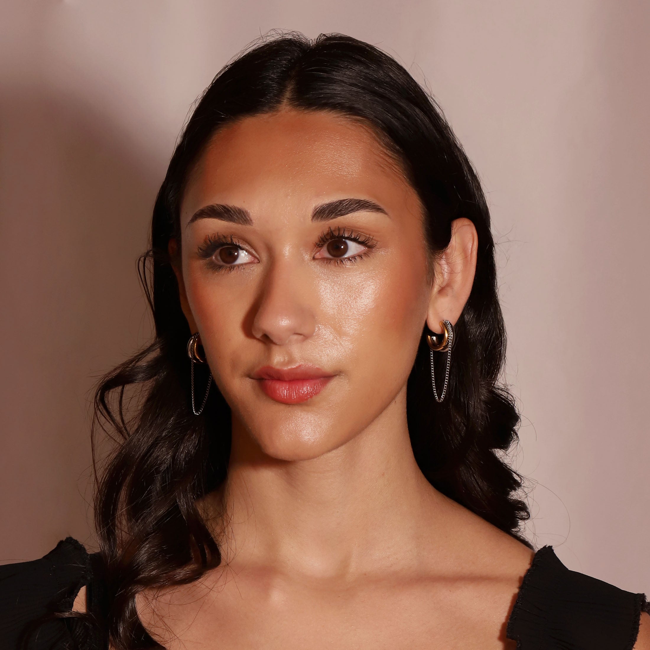 Ethos Duo Toned Chain Earring Hoop Studs On Model 3