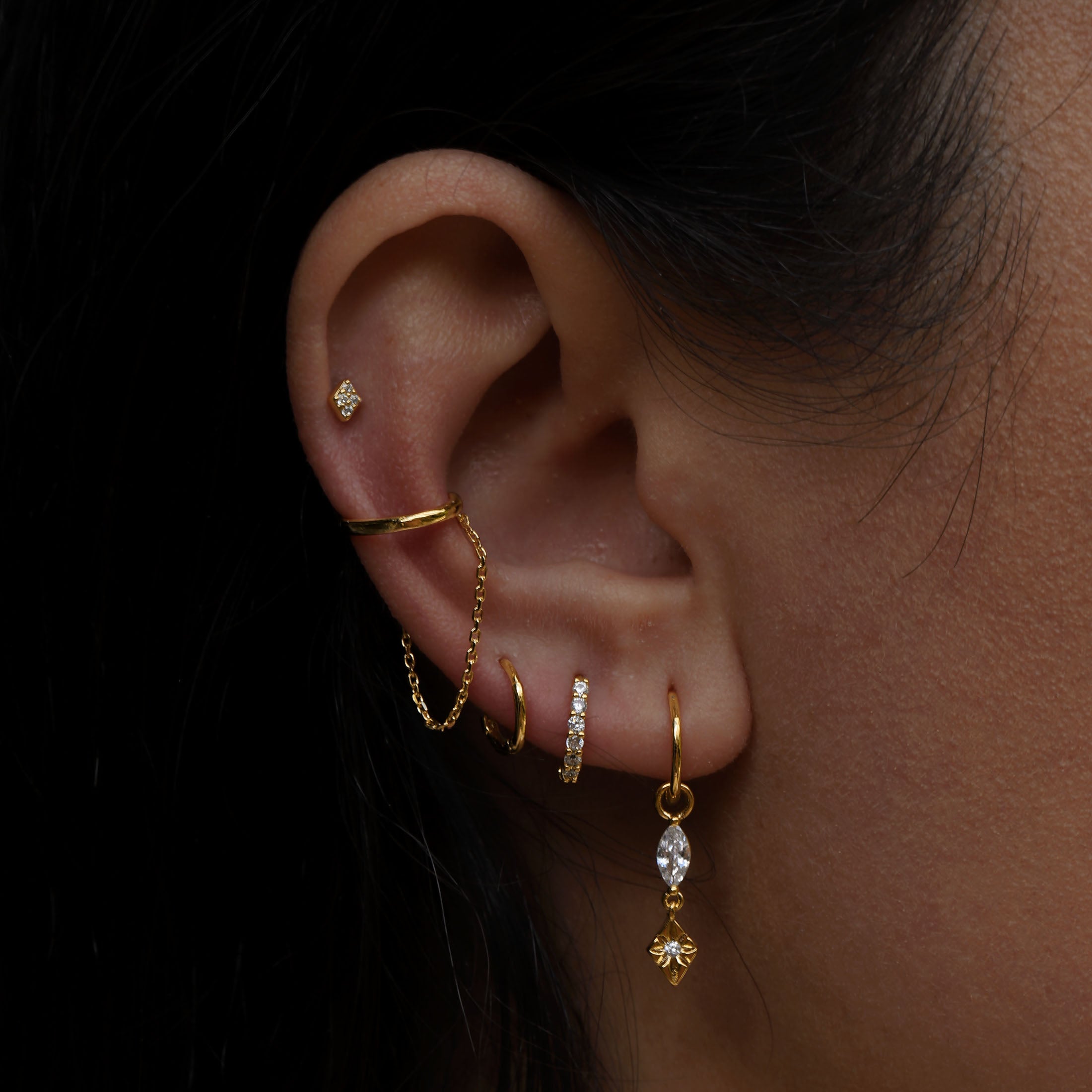 Bound Drape Chain Ear Cuff On Model 2 - Gold