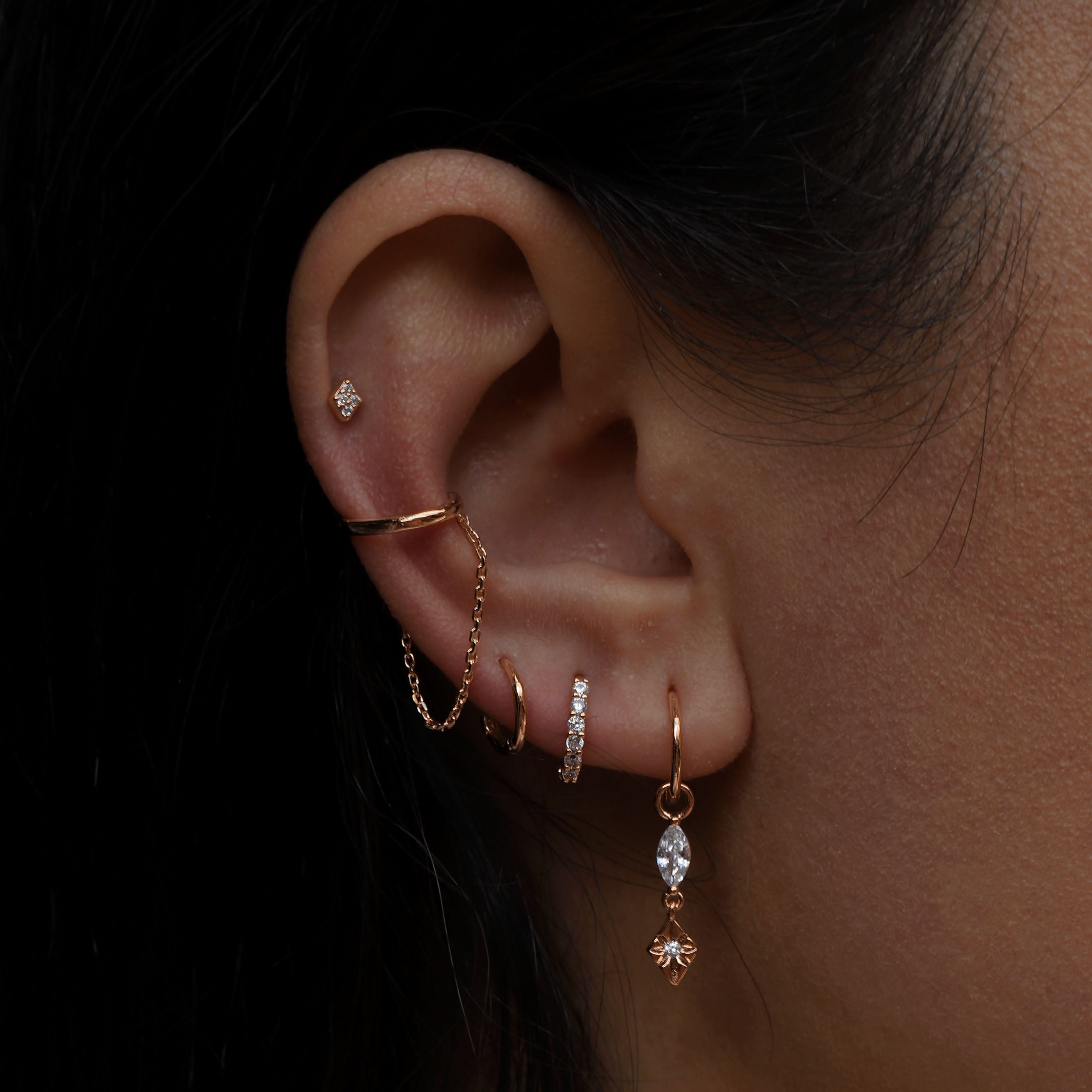 Bound Drape Chain Ear Cuff On Model 2 - Rose Gold