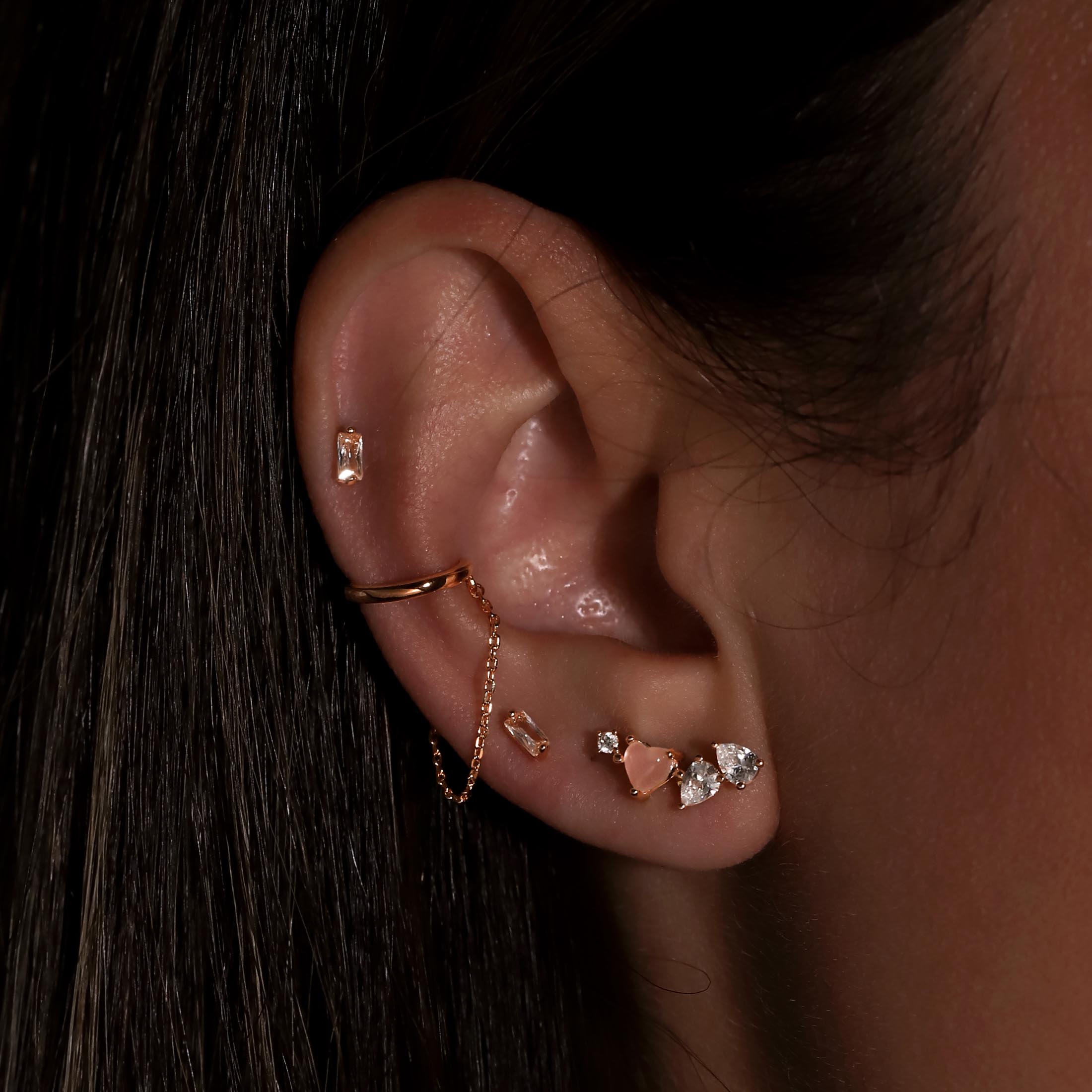 Linger Chain Asymmetric Heart Gemstone Earrings On Model 2 - Rose Gold