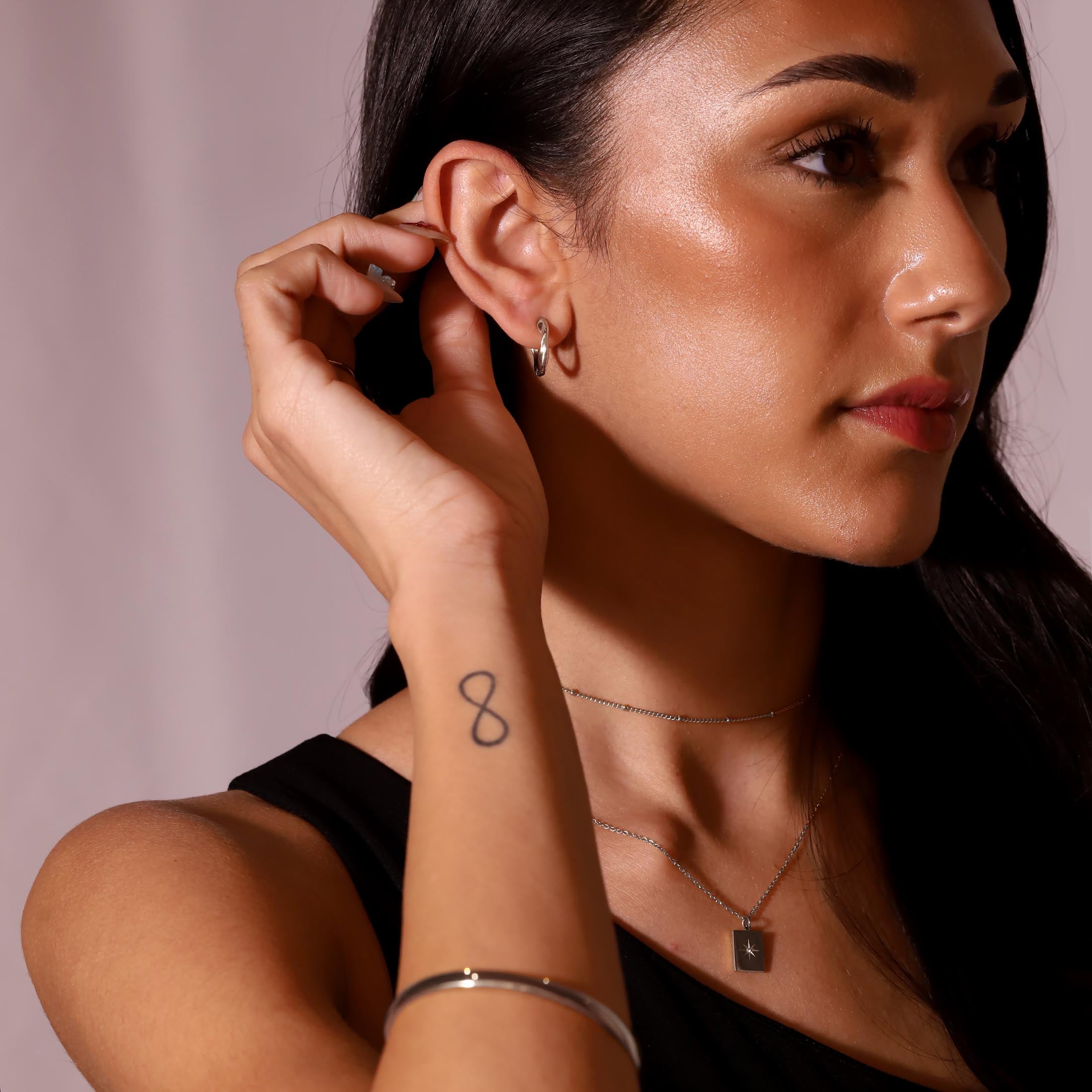 Ripple Hoop Earrings On Model 3 - Silver