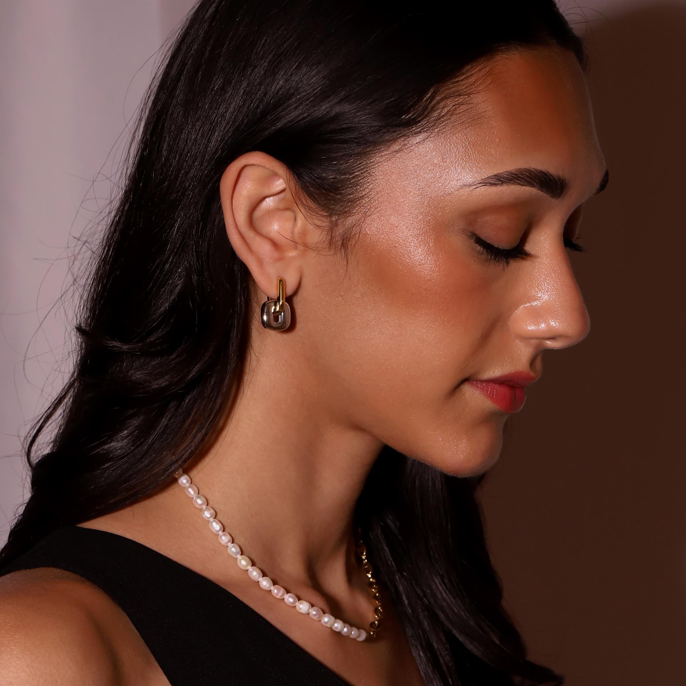 Sonder Duo Toned Removable Square Pendant Hoop Earrings On Model 2