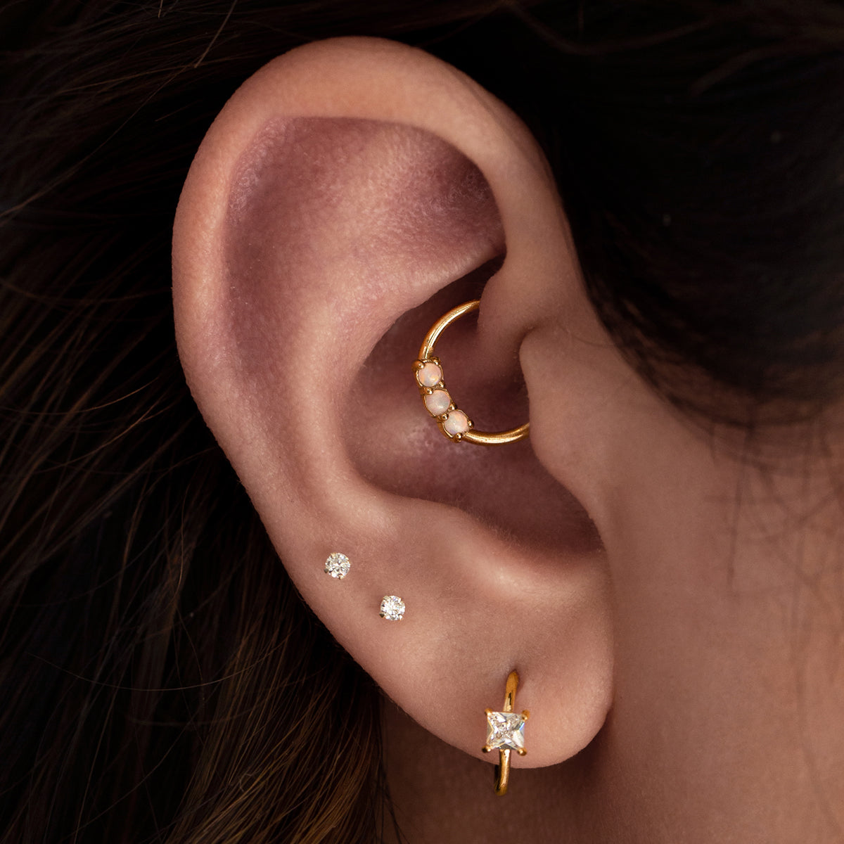 Nebula Triple Opal Helix Daith Septum & Cartilage Hoop Piercing On Model - Gold