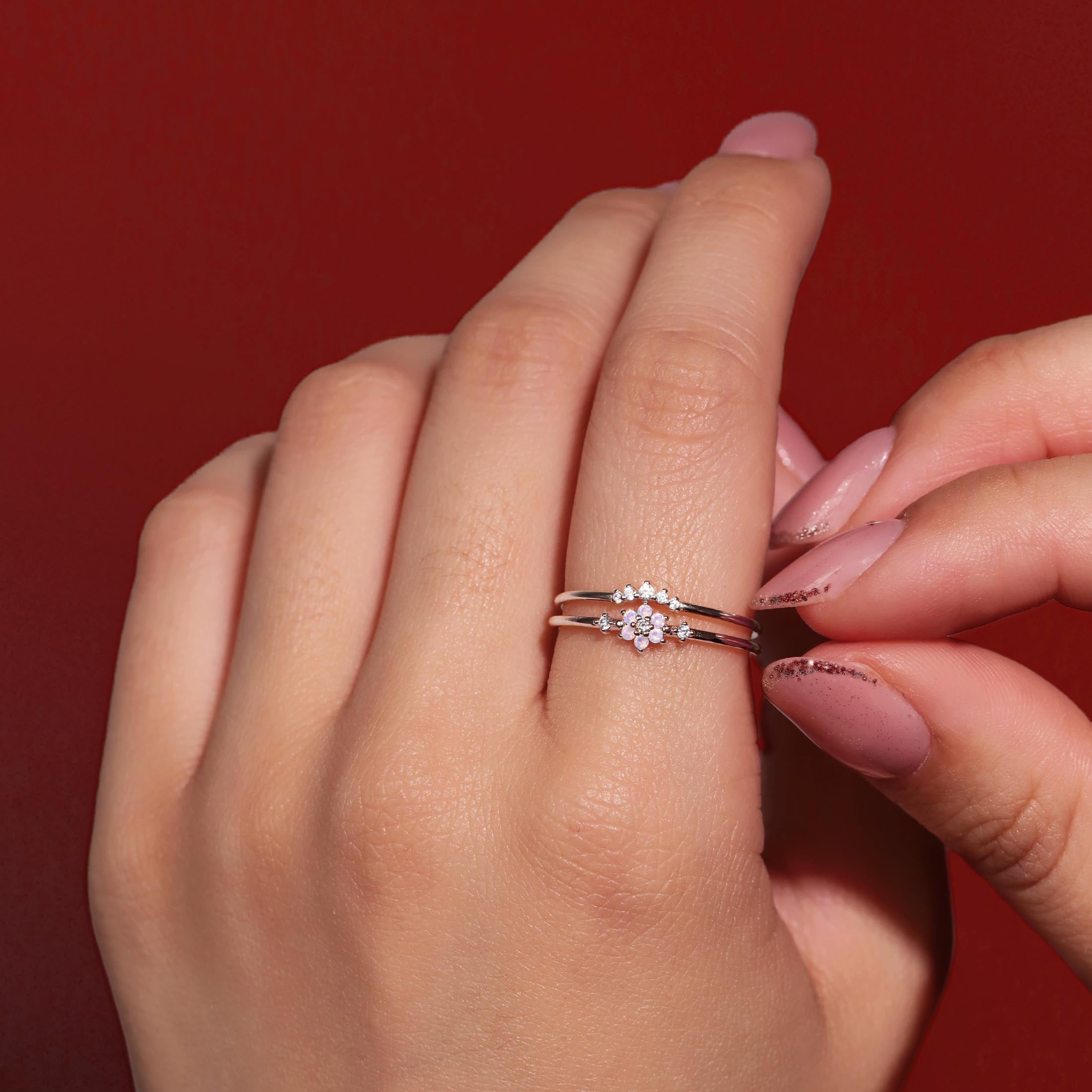 Bloom Moonstone Flower Ring On Model 2 - Sterling Silver