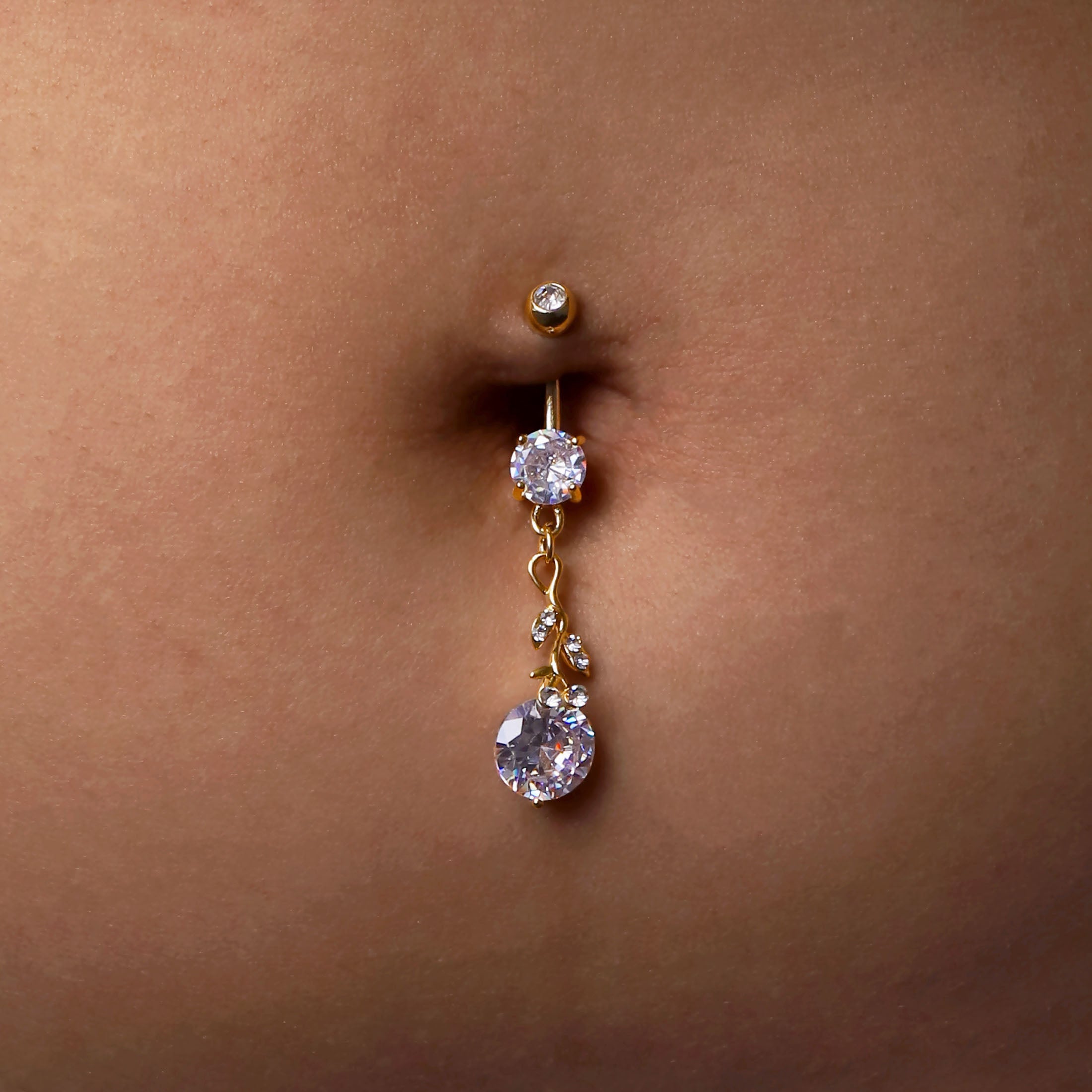 Belle Rose Gemstone Belly Bar Piercing On Model - Gold