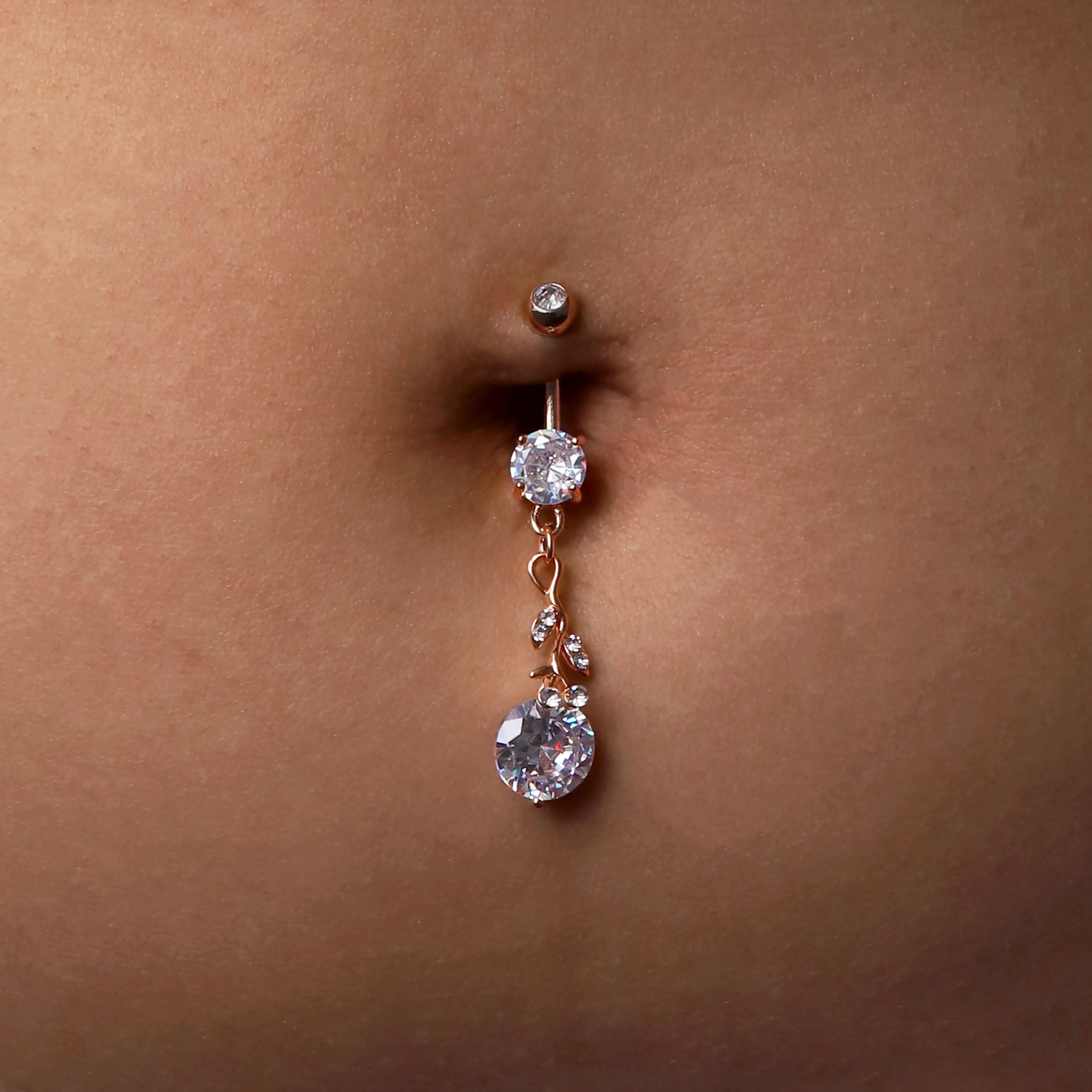 Belle Rose Gemstone Belly Bar Piercing On Model - Rose Gold