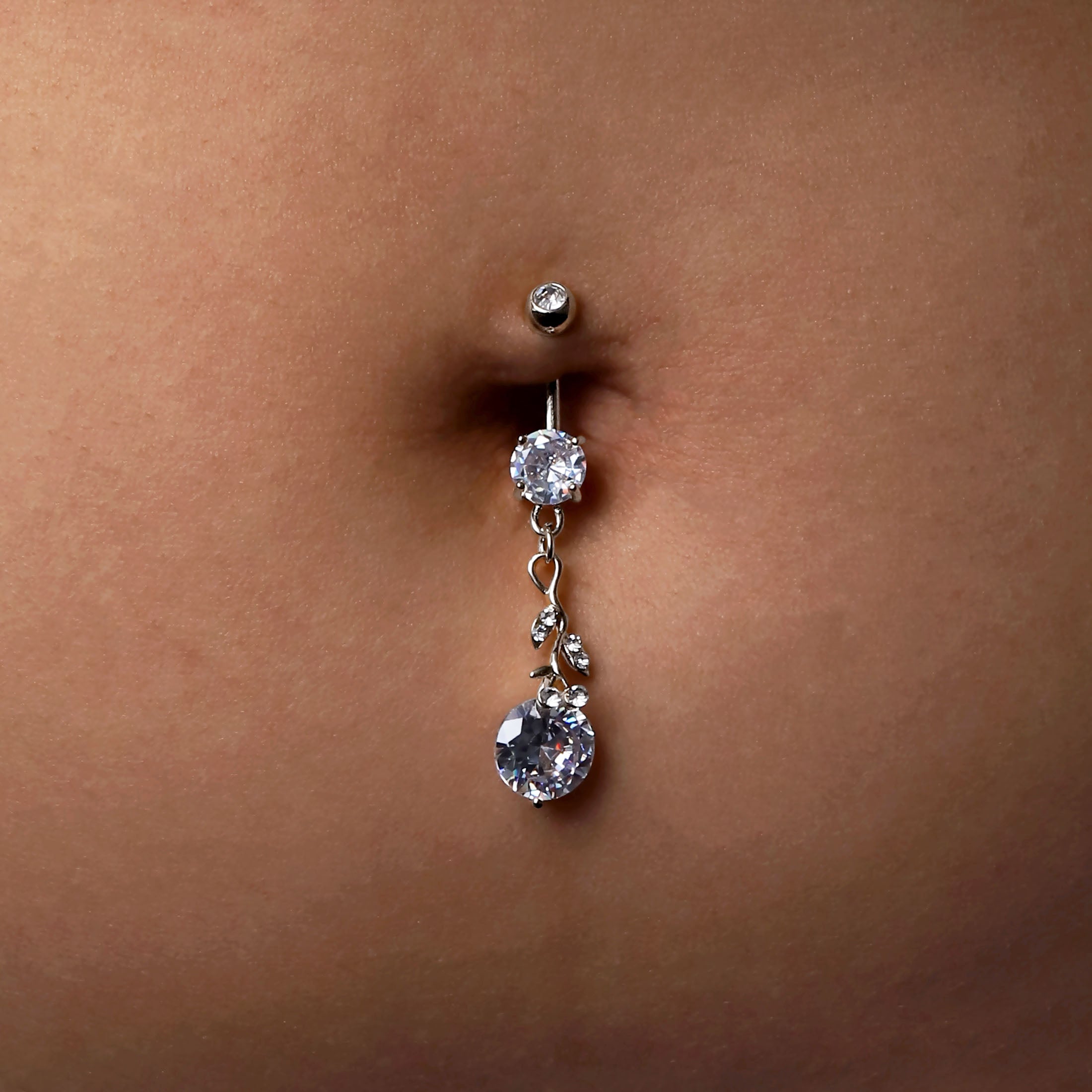 Belle Rose Gemstone Belly Bar Piercing On Model - Silver