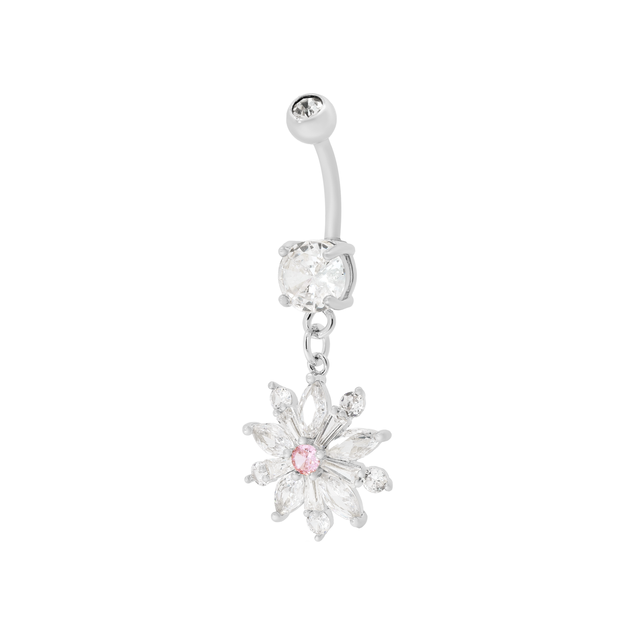 Bloom Flower Gemstone Dangle Belly Bar Piercing - Silver
