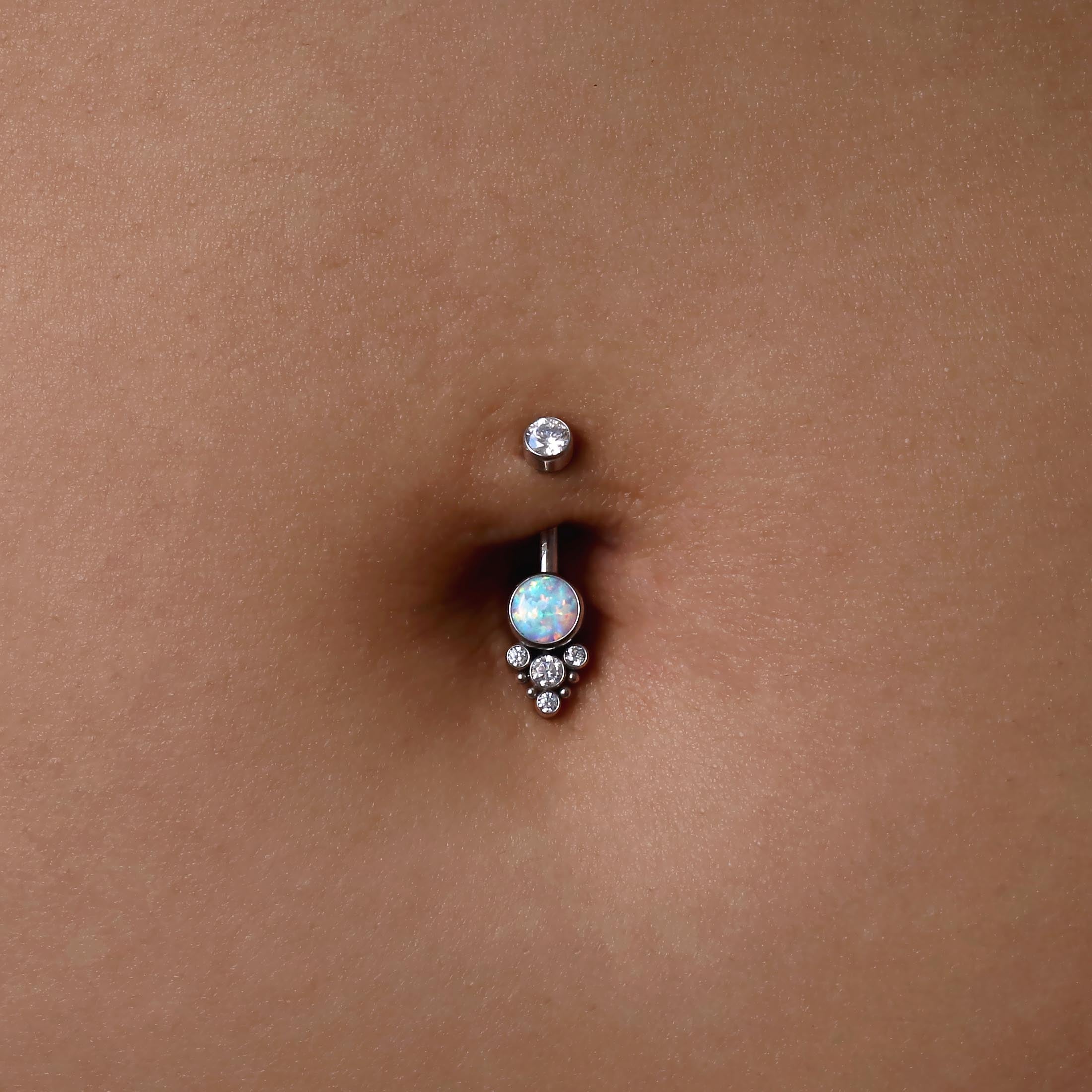 Celeste Opal & Gemstones Belly Bar Piercing On Model - Silver