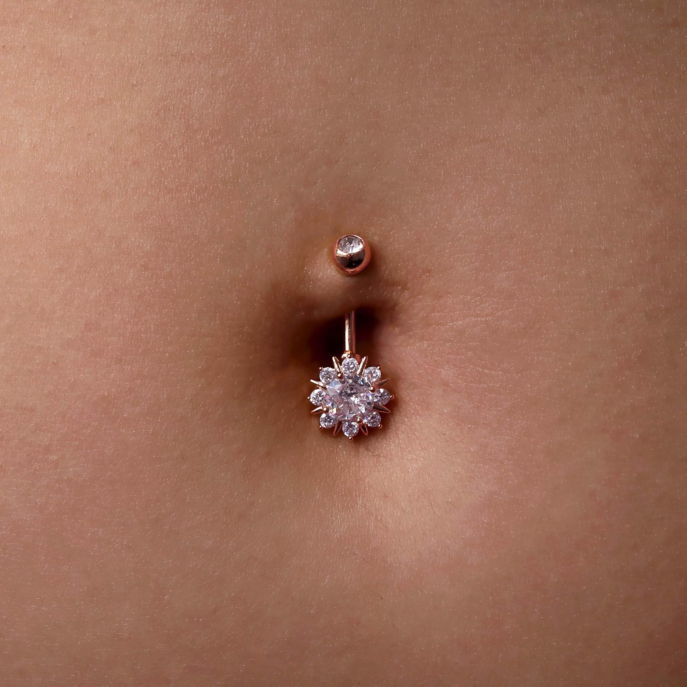 Cereus Flower Gemstone Belly Bar Piercing On Model - Rose Gold