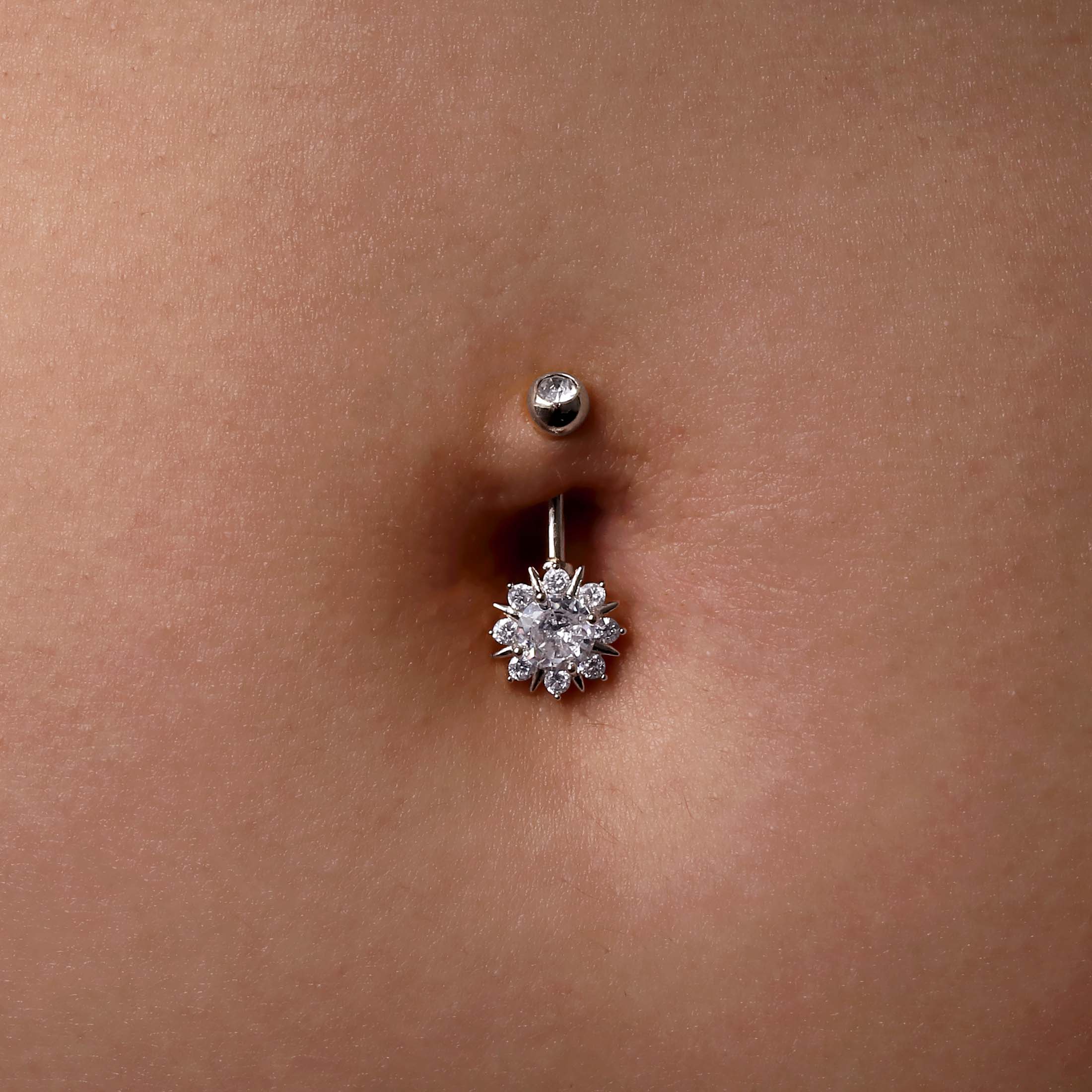 Cereus Flower Gemstone Belly Bar Piercing On Model - Silver