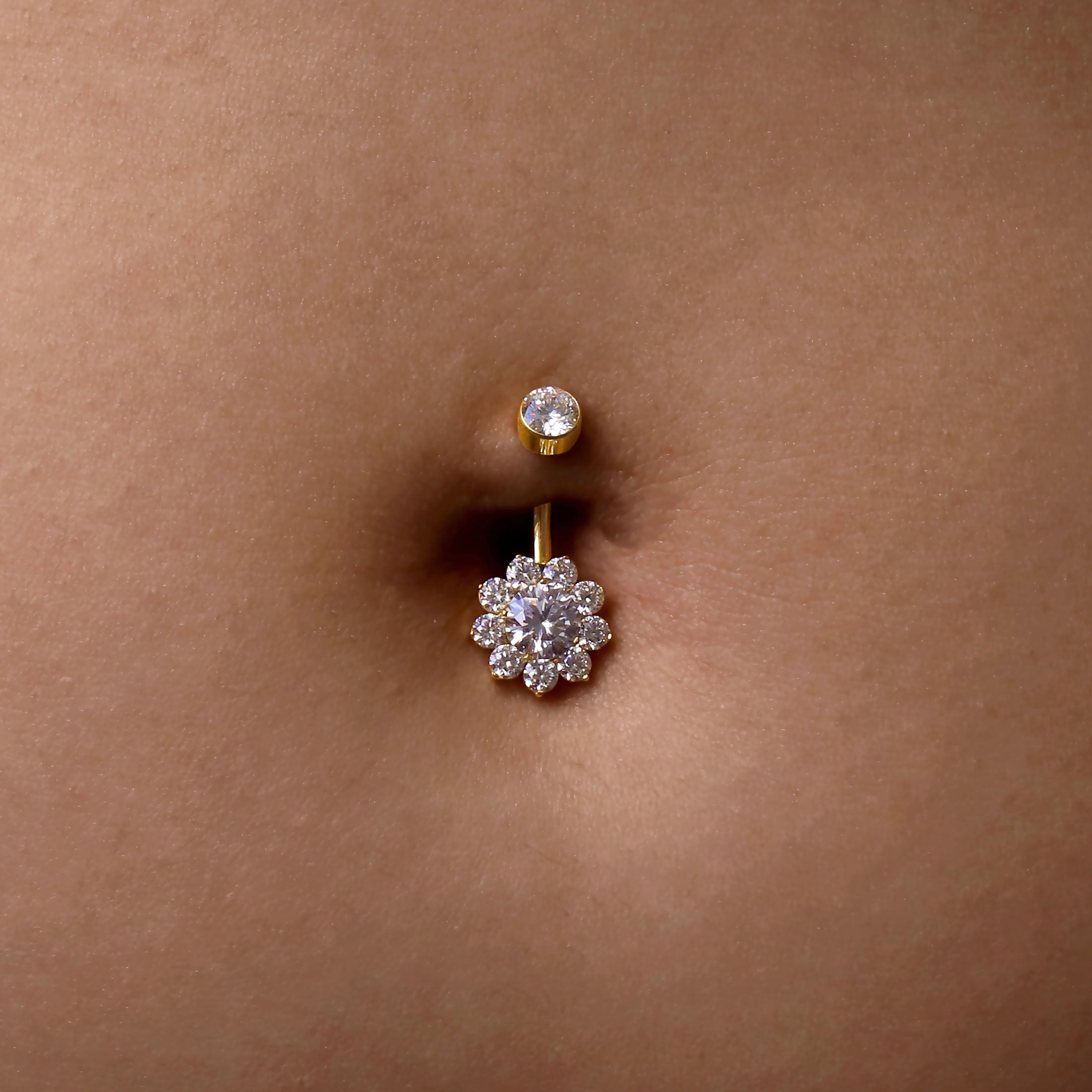Delirium Flower Gemstone Belly Bar Piercing On Model - Gold