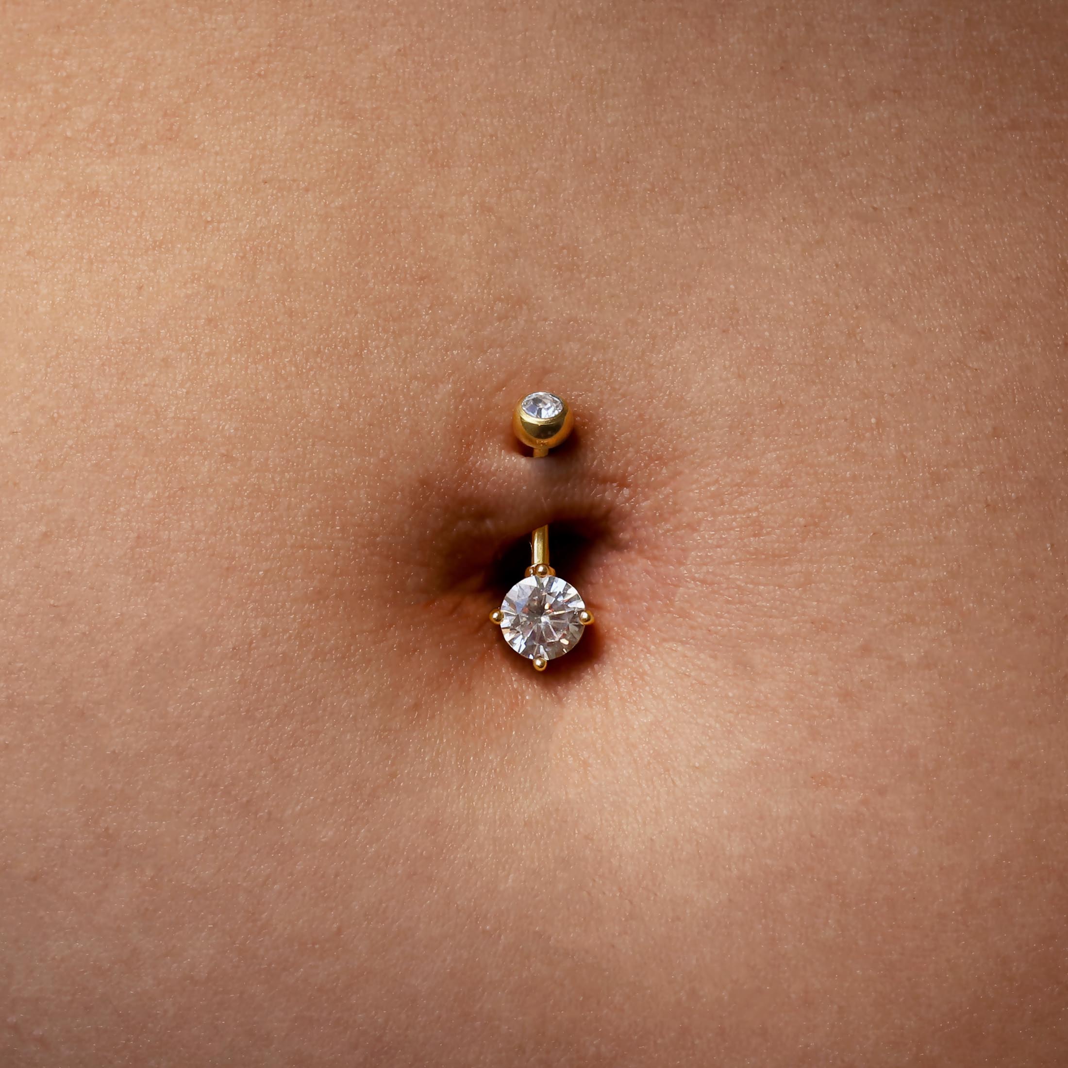 Diadem Gemstone Belly Bar Piercing On Model - Gold
