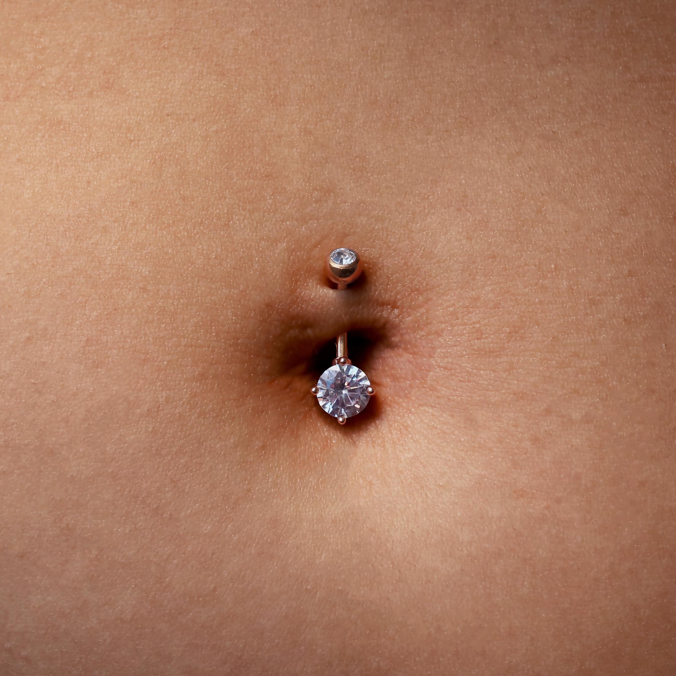 Diadem Gemstone Belly Bar Piercing On Model - Rose Gold