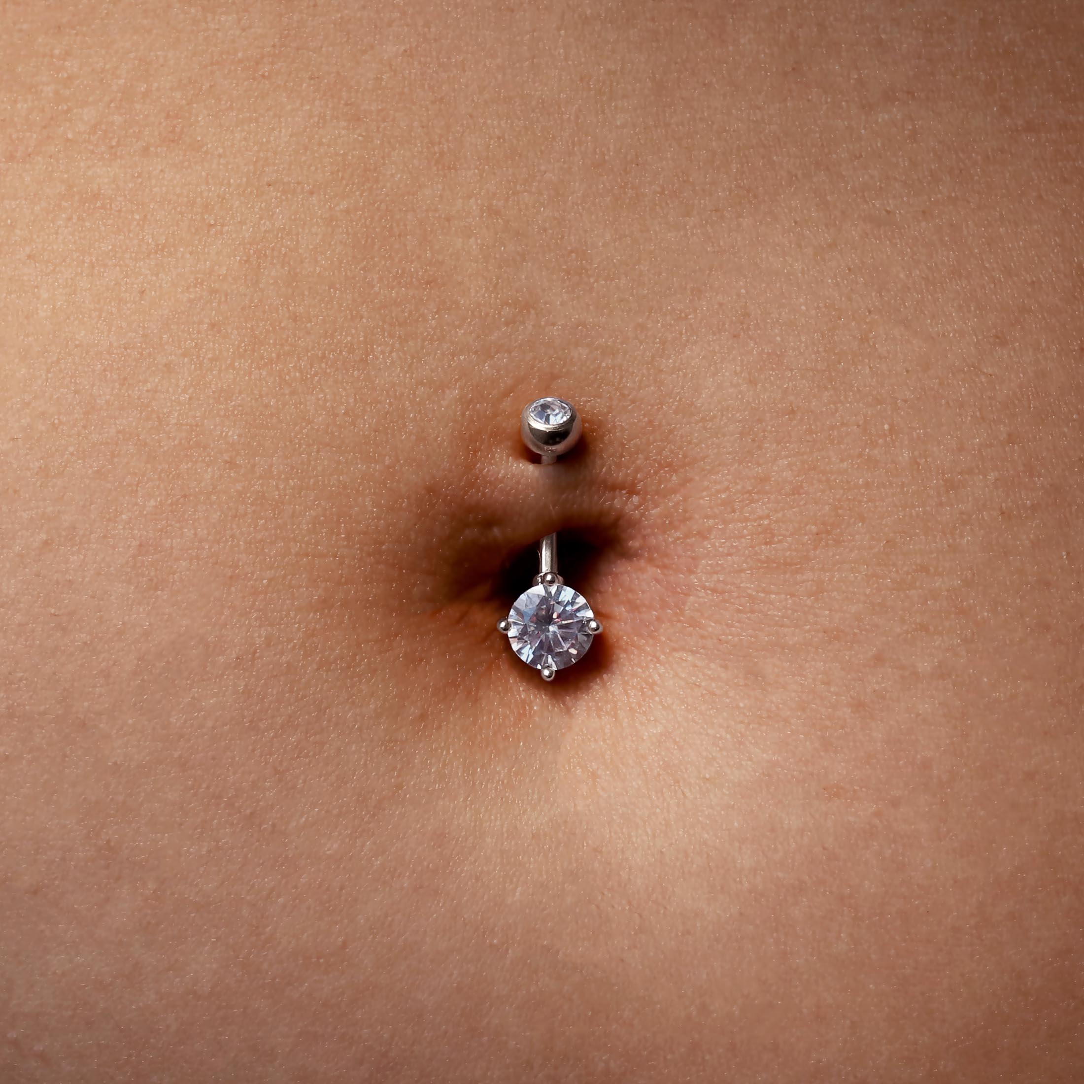 Diadem Gemstone Belly Bar Piercing On Model - Silver
