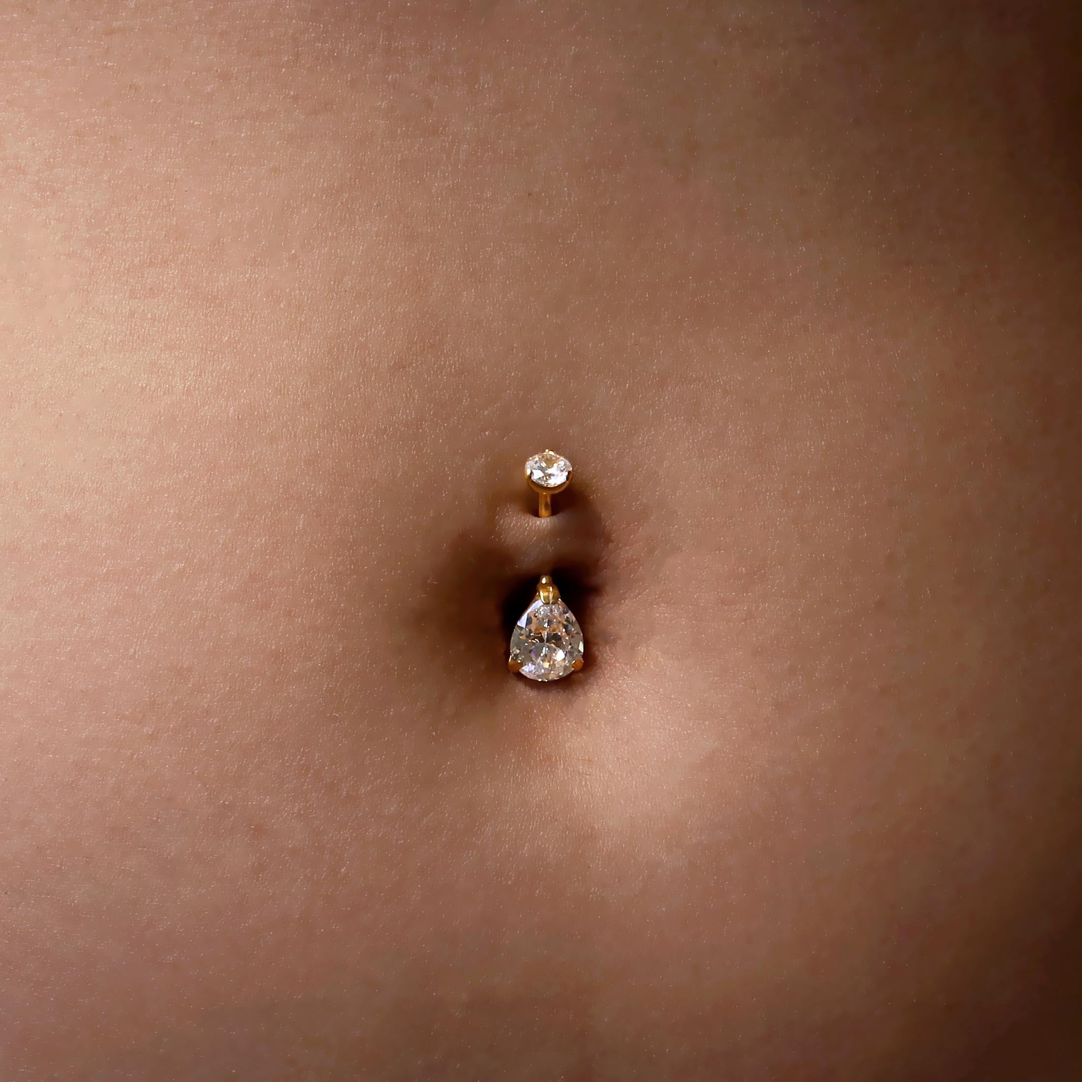 Jorja Teardrop Gemstone Belly Bar Piercing On Model - Gold