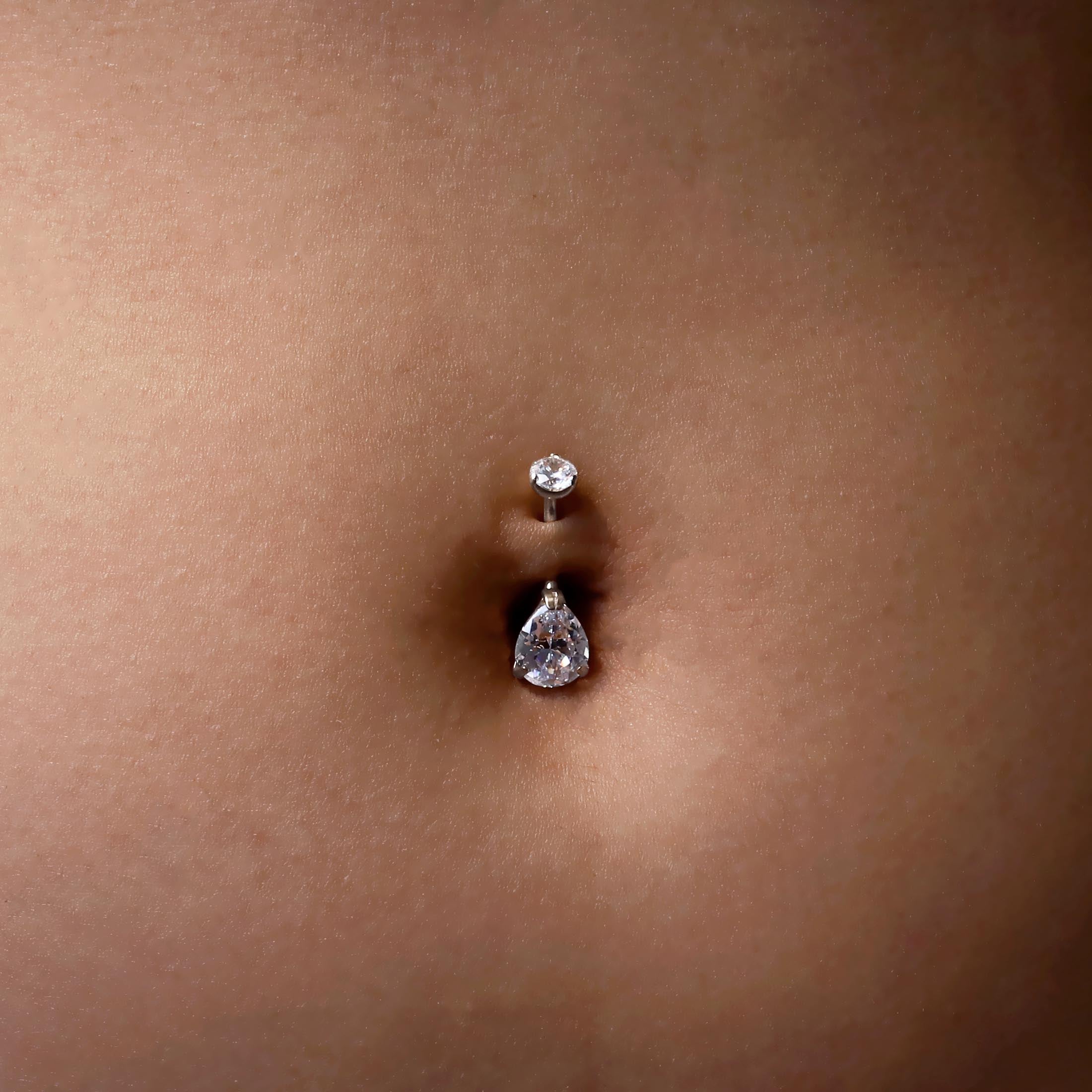 Jorja Teardrop Gemstone Belly Bar Piercing On Model - Silver