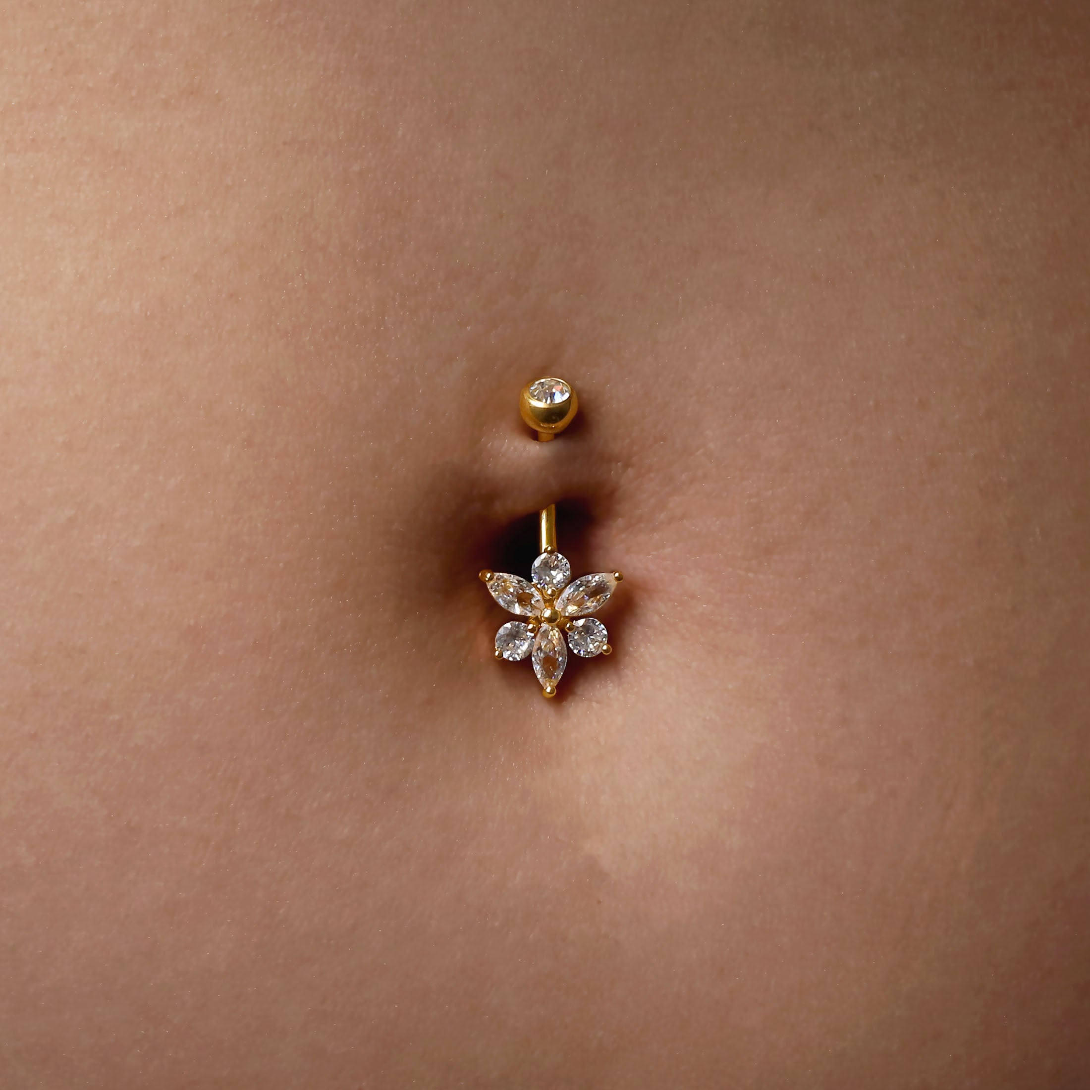 Moonflower Petal Gemstone Belly Bar Piercing On Model - Gold