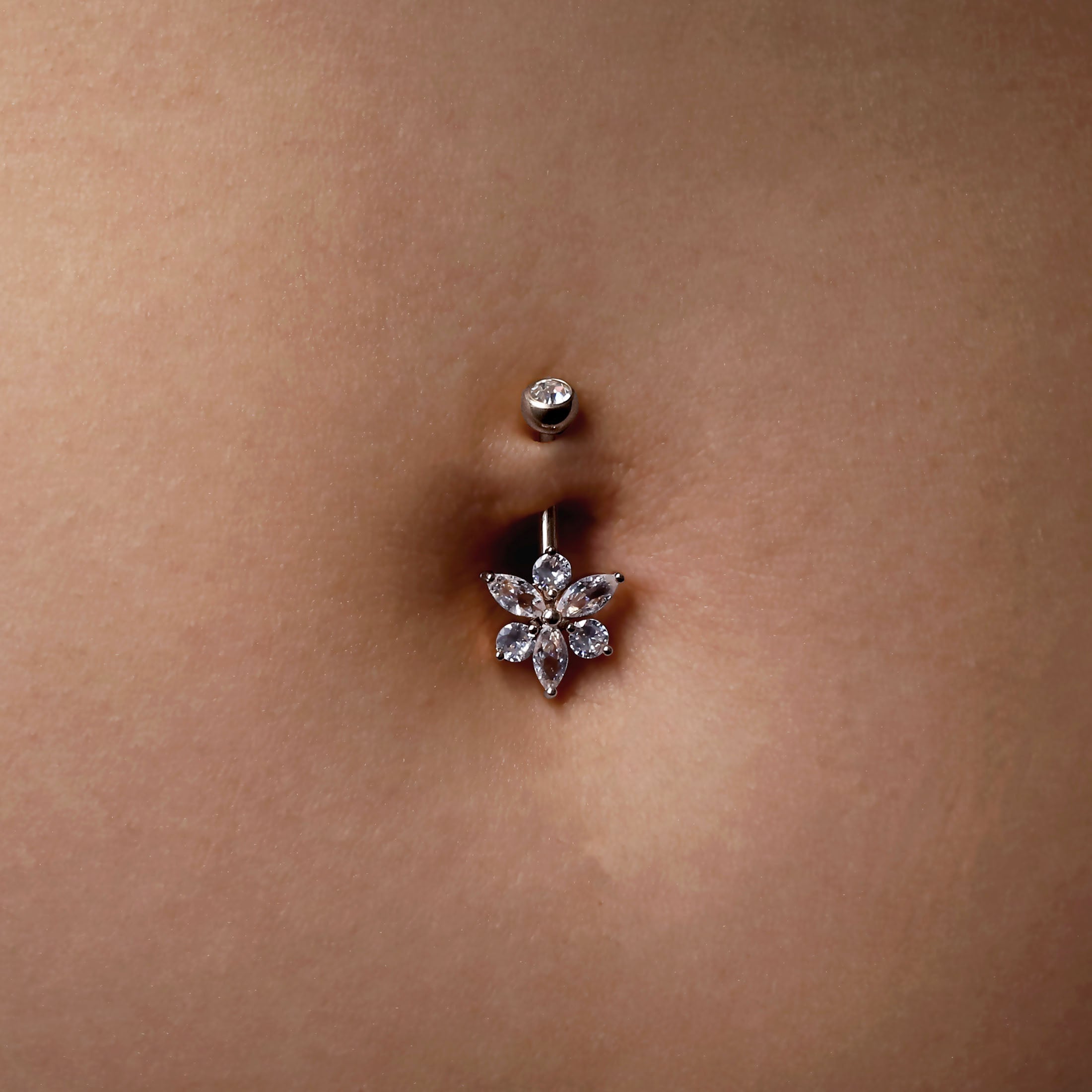 Moonflower Petal Gemstone Belly Bar Piercing On Model - Silver