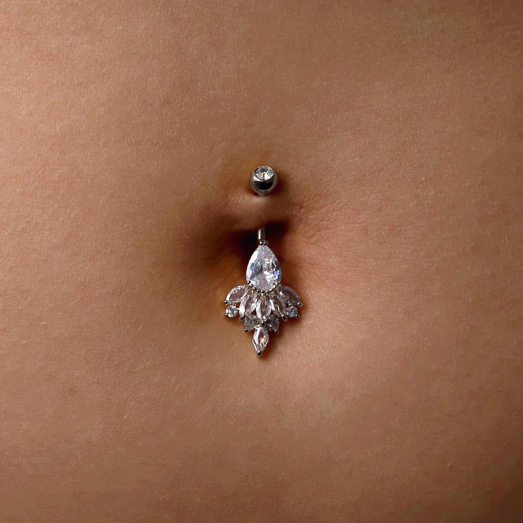 Valencia Gemstone Cluster Belly Bar Piercing On Model - Silver
