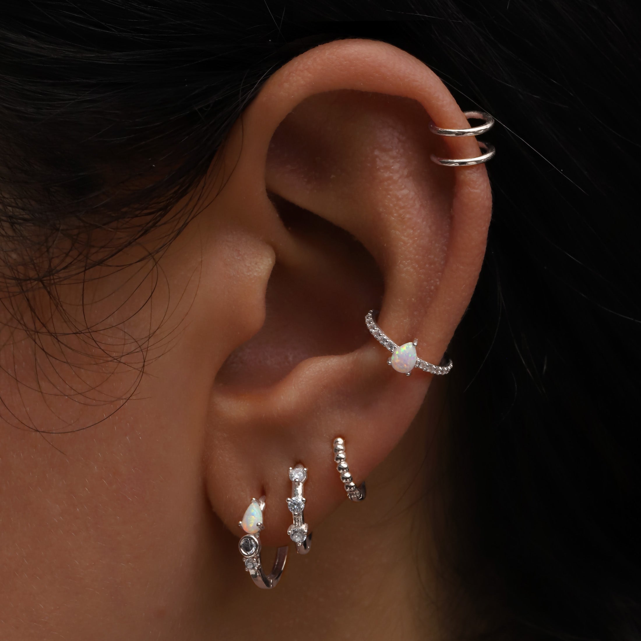 Aura Hoop Helix Conch & Cartilage Ear Piercing On Model - 14K Solid White Gold