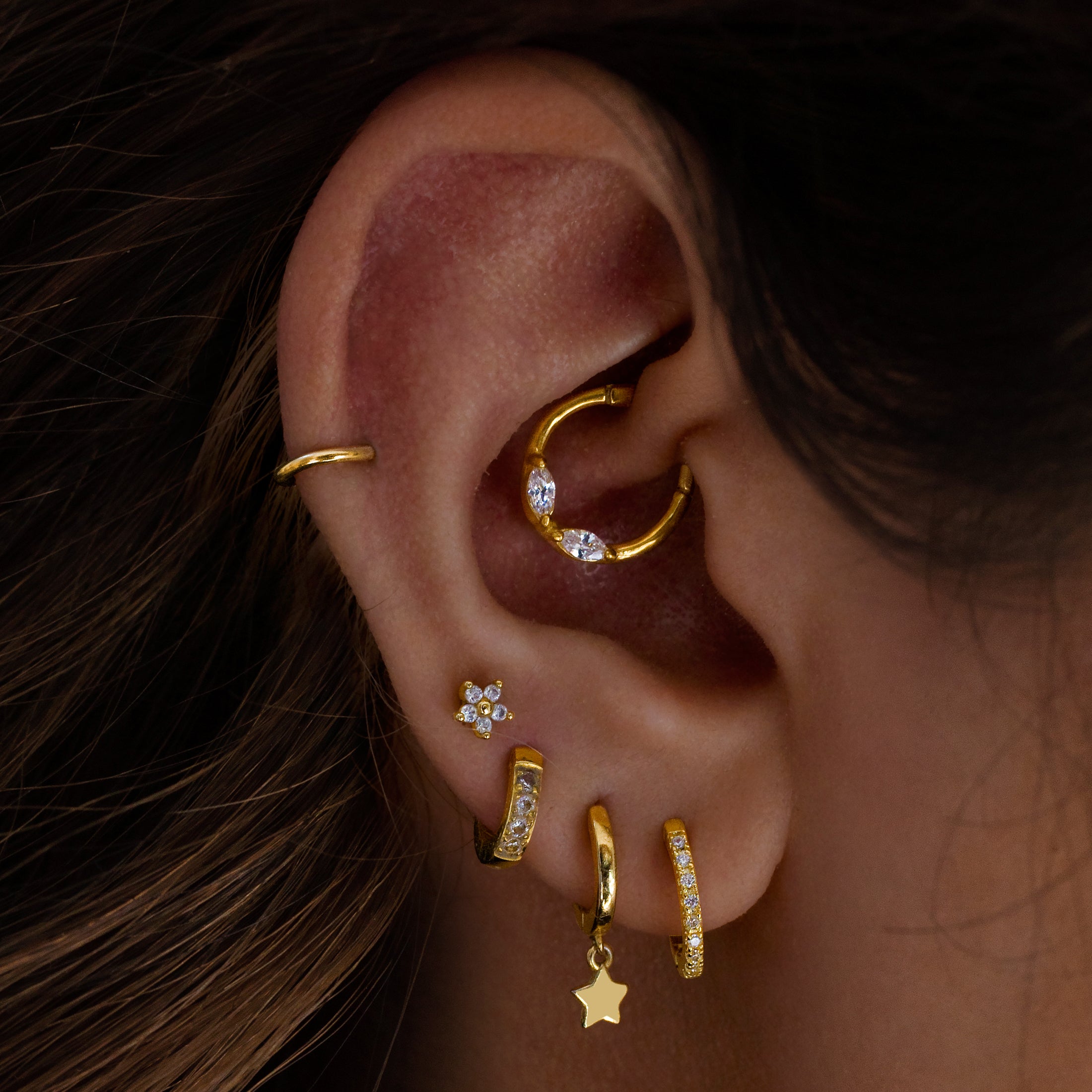 Decadent Gemstone Helix Daith & Cartilage Hoop Piercing On Model - Gold