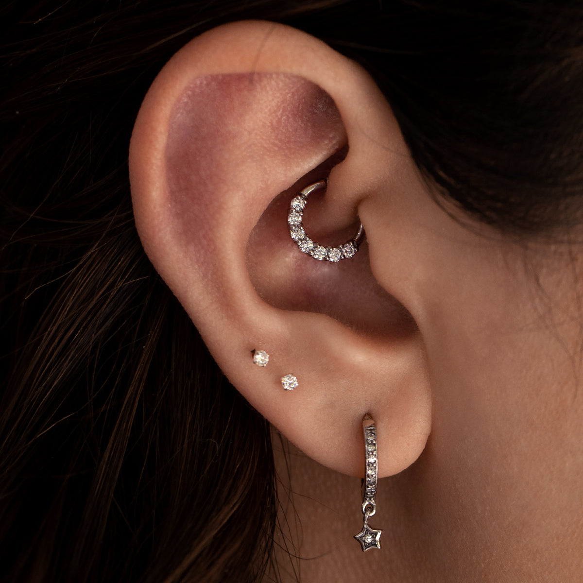 Demi Gemstone Helix Daith & Cartilage Hoop Piercing on Model - Silver