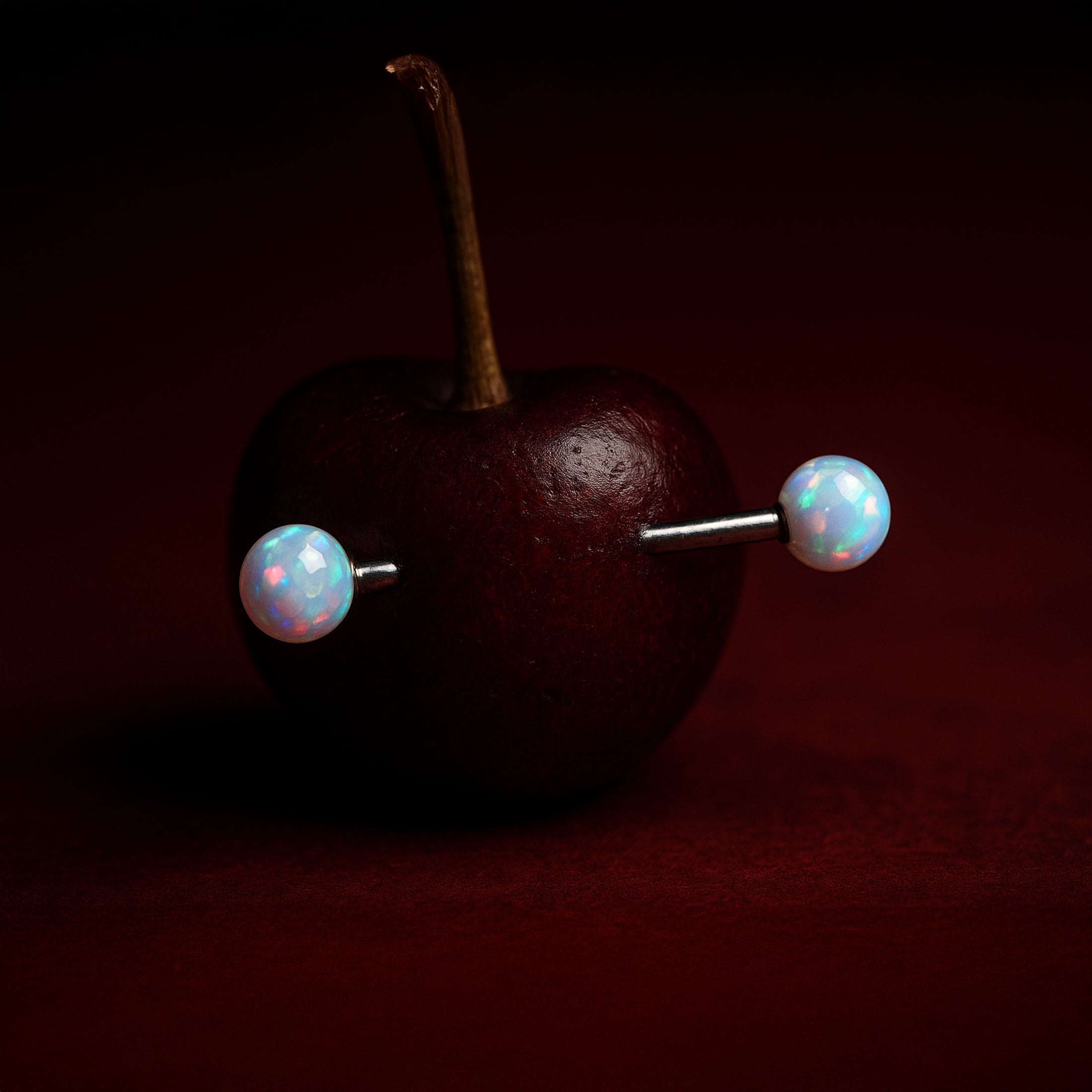 Odessa Opal Ball Nipple Bar Piercing On Cherry - White Opal