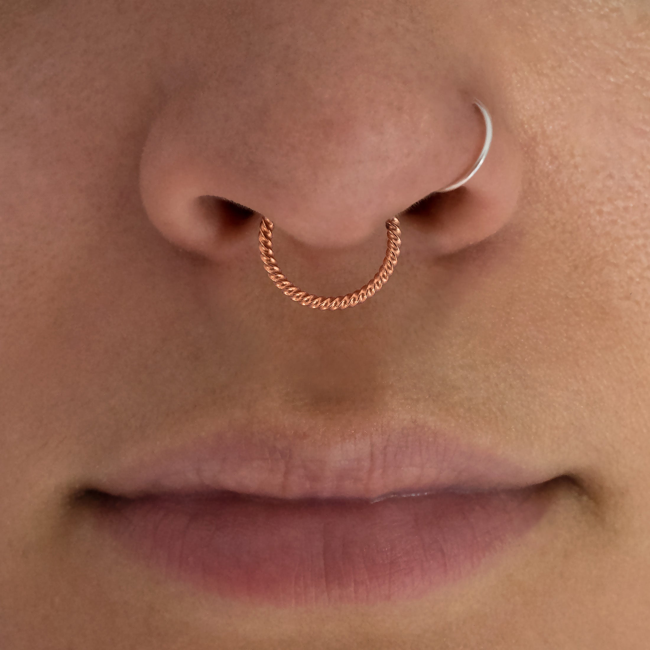 Rope Helix Conch & Cartilage Hoop Piercing On Model 2 - Rose Gold