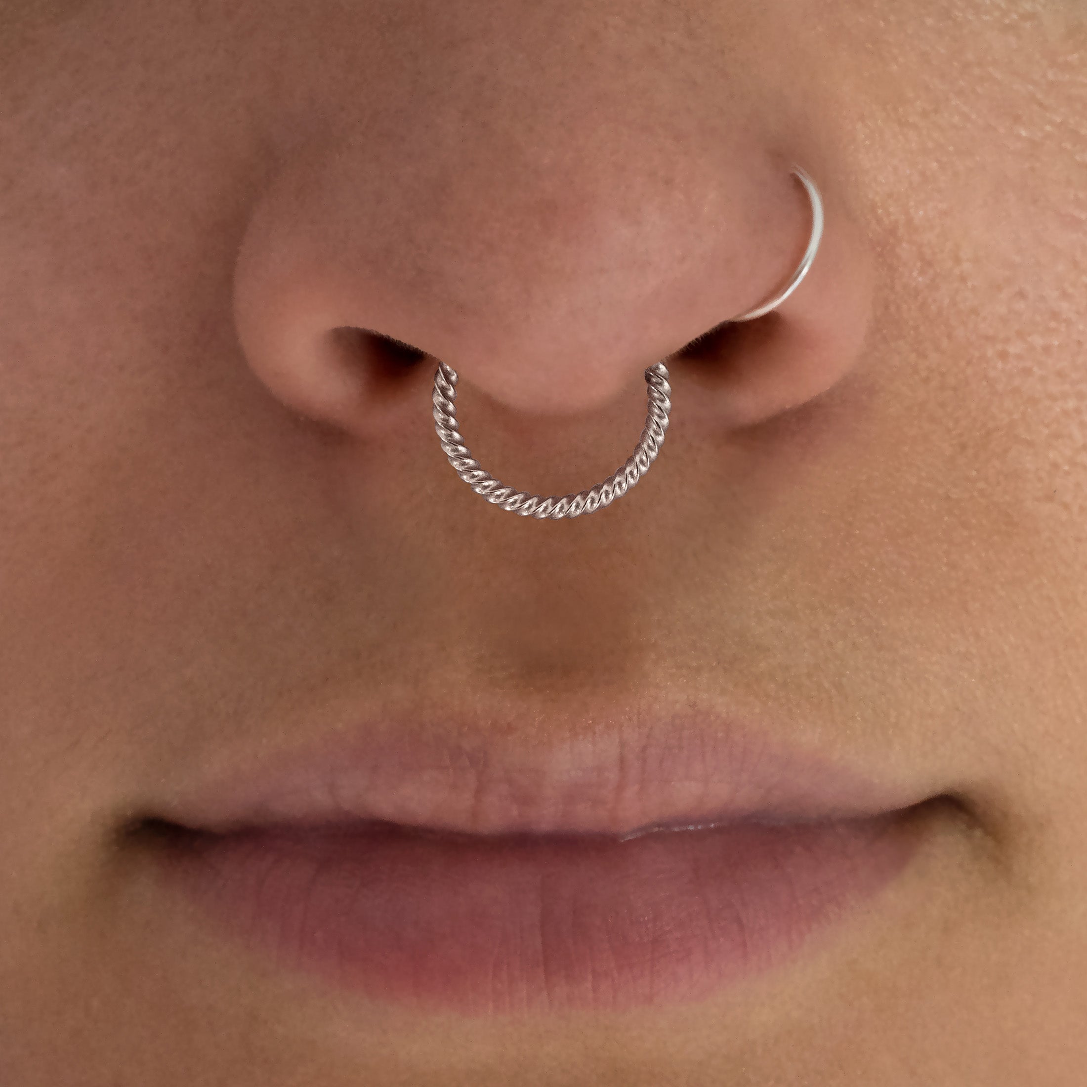 Rope Helix Conch & Cartilage Hoop Piercing On Model 2 - Titanium