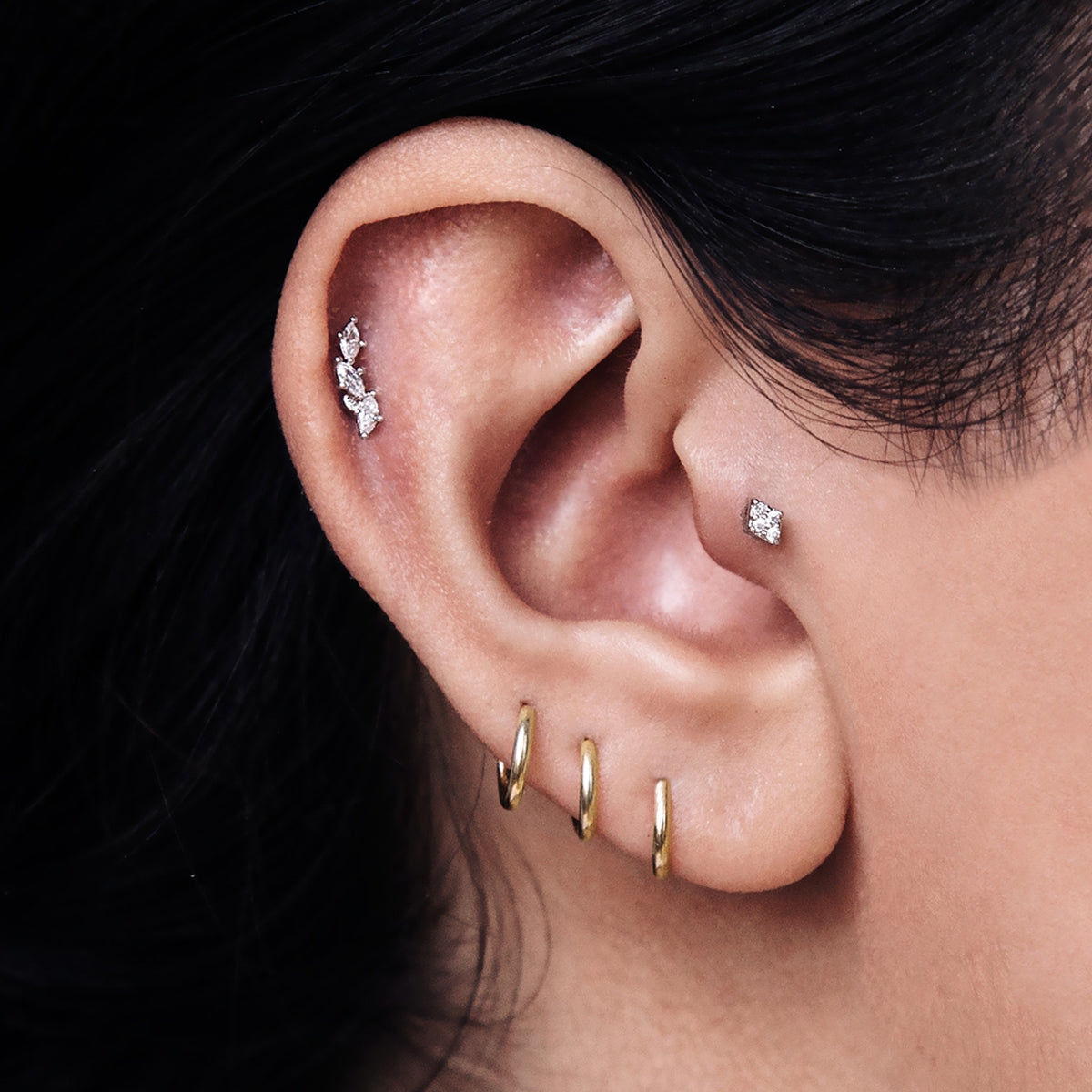 Segment Helix Conch Daith & Cartilage Hoop Piercing On Model 2 - 14K Solid Gold