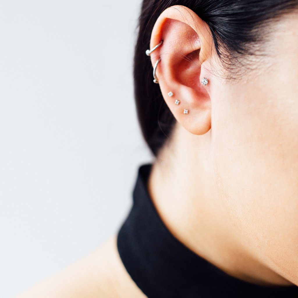 Solitaire Gemstone Helix Tragus & Cartilage Ear Piercing On Model - Silver