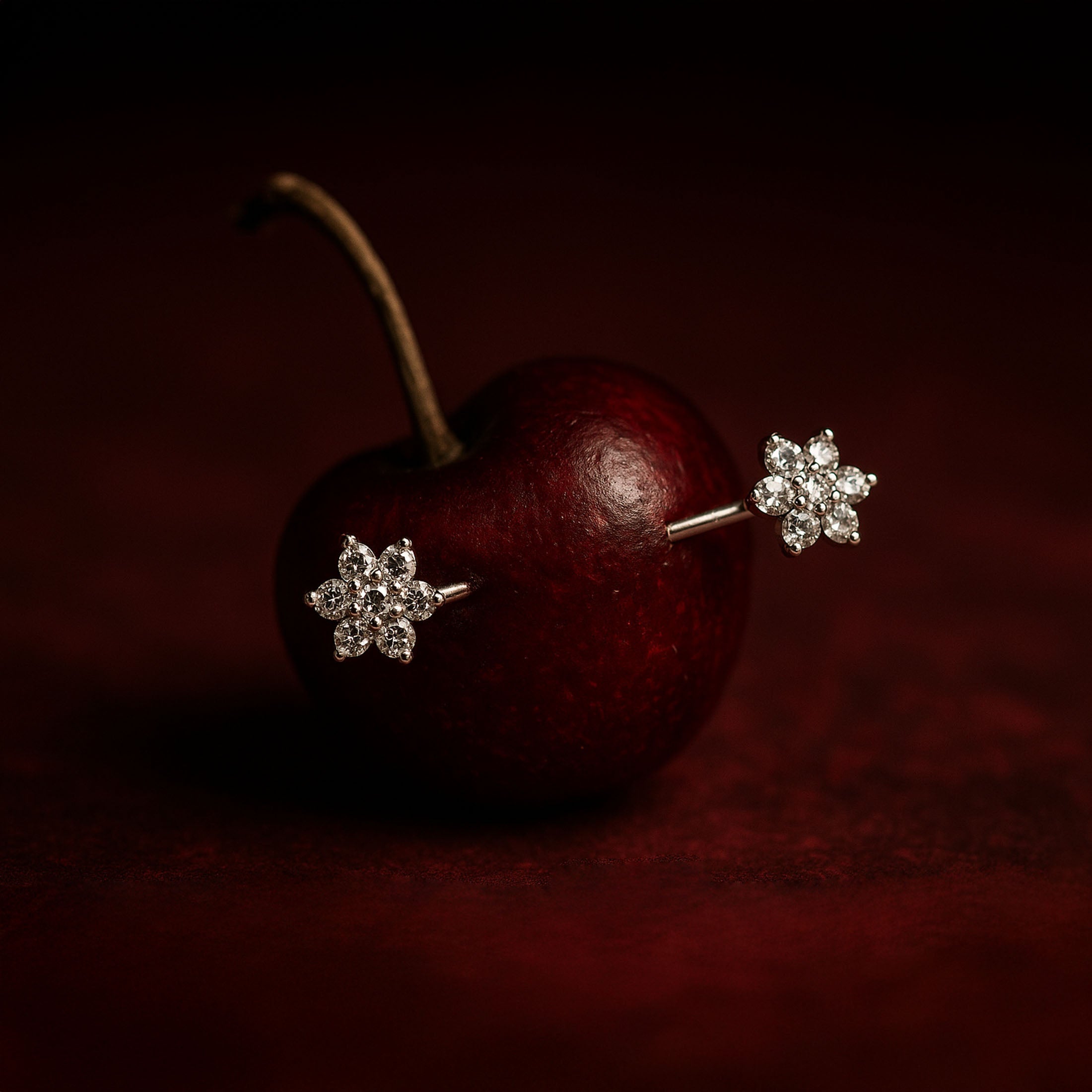 Sparkle Gemstone Daisy Flower Nipple Bar Piercing On Cherry - Silver