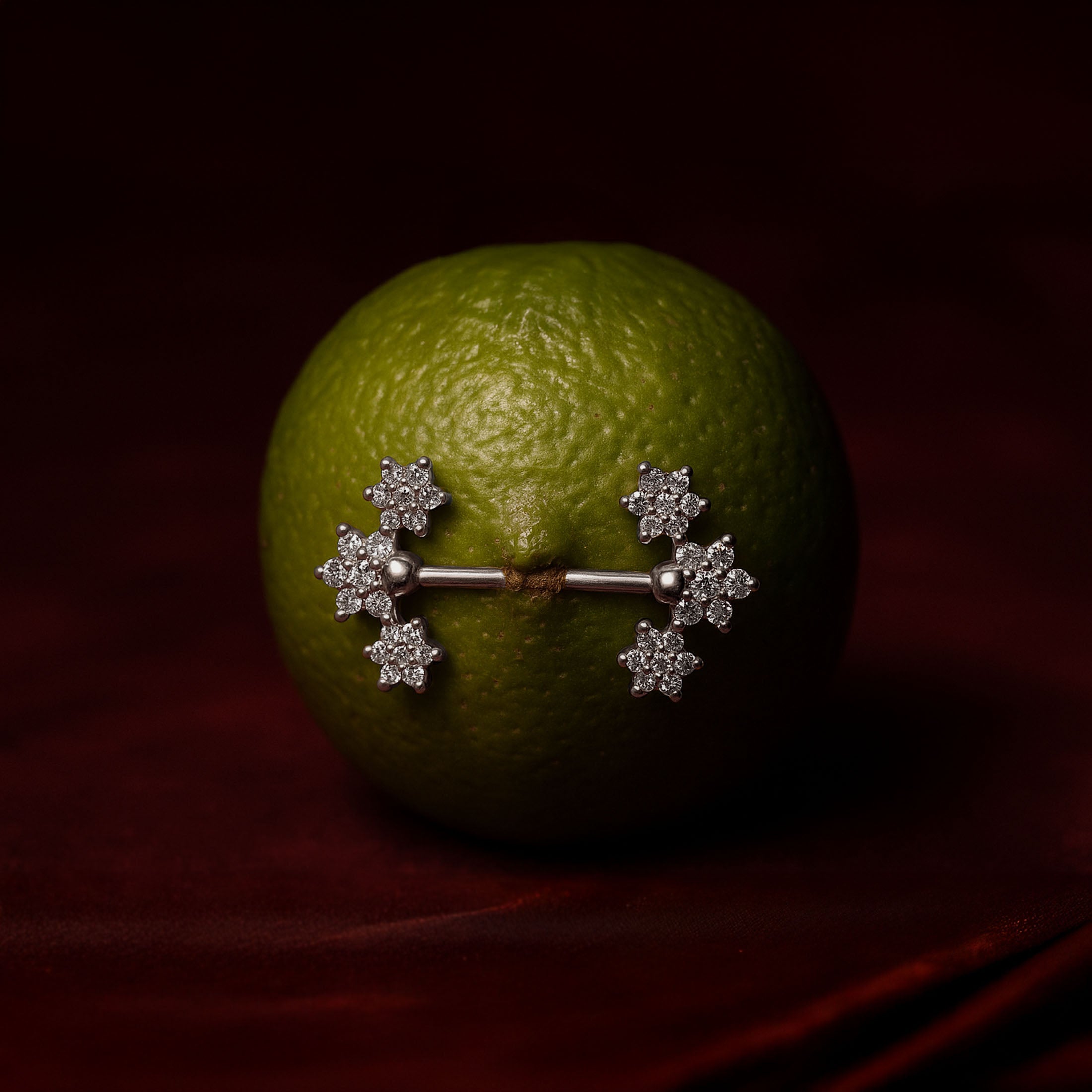 Daisy Chain Gemstone Nipple Bar Piercing On Fruit - Silver