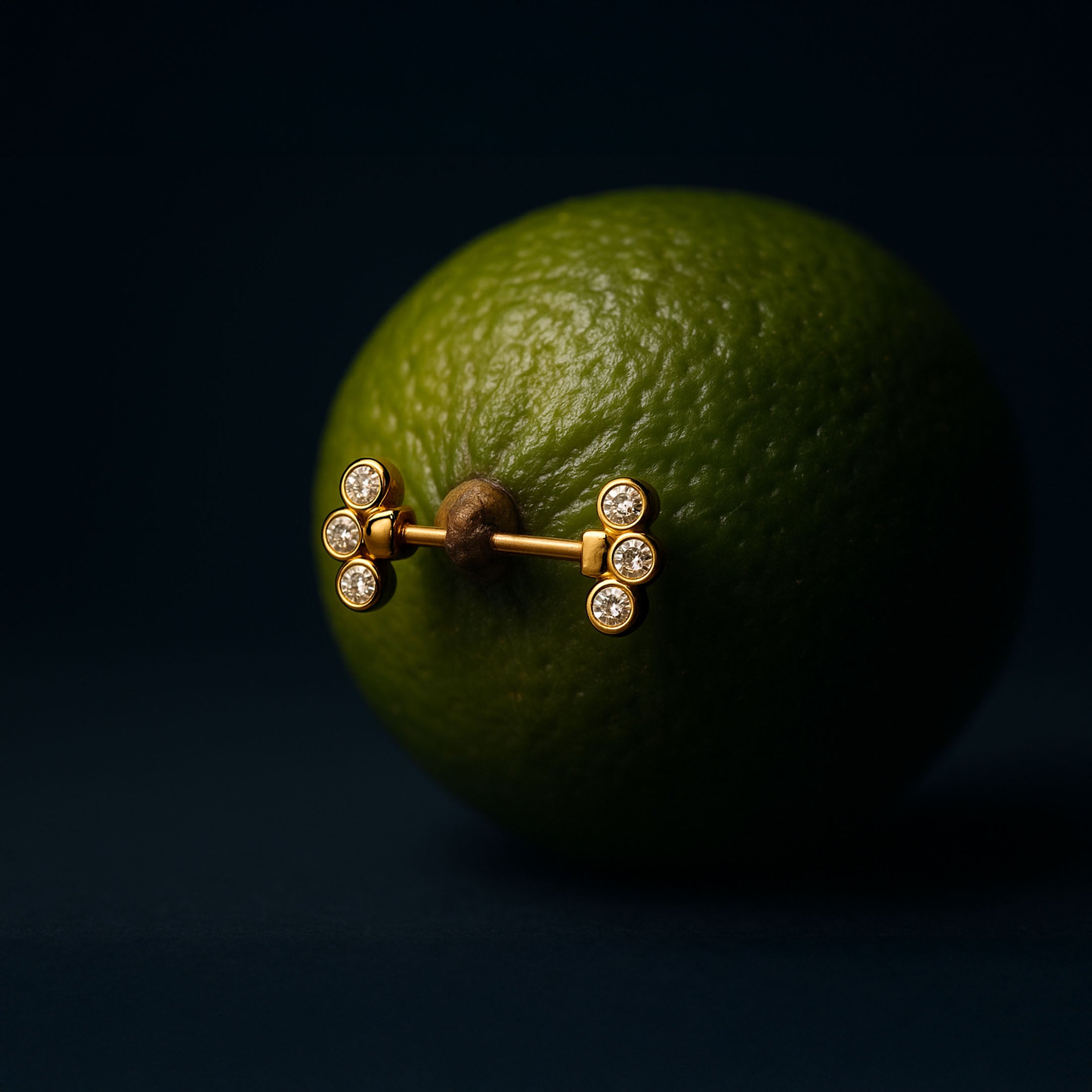 Triple Gemstone Cluster Nipple Bar Piercing On Fruit - Gold
