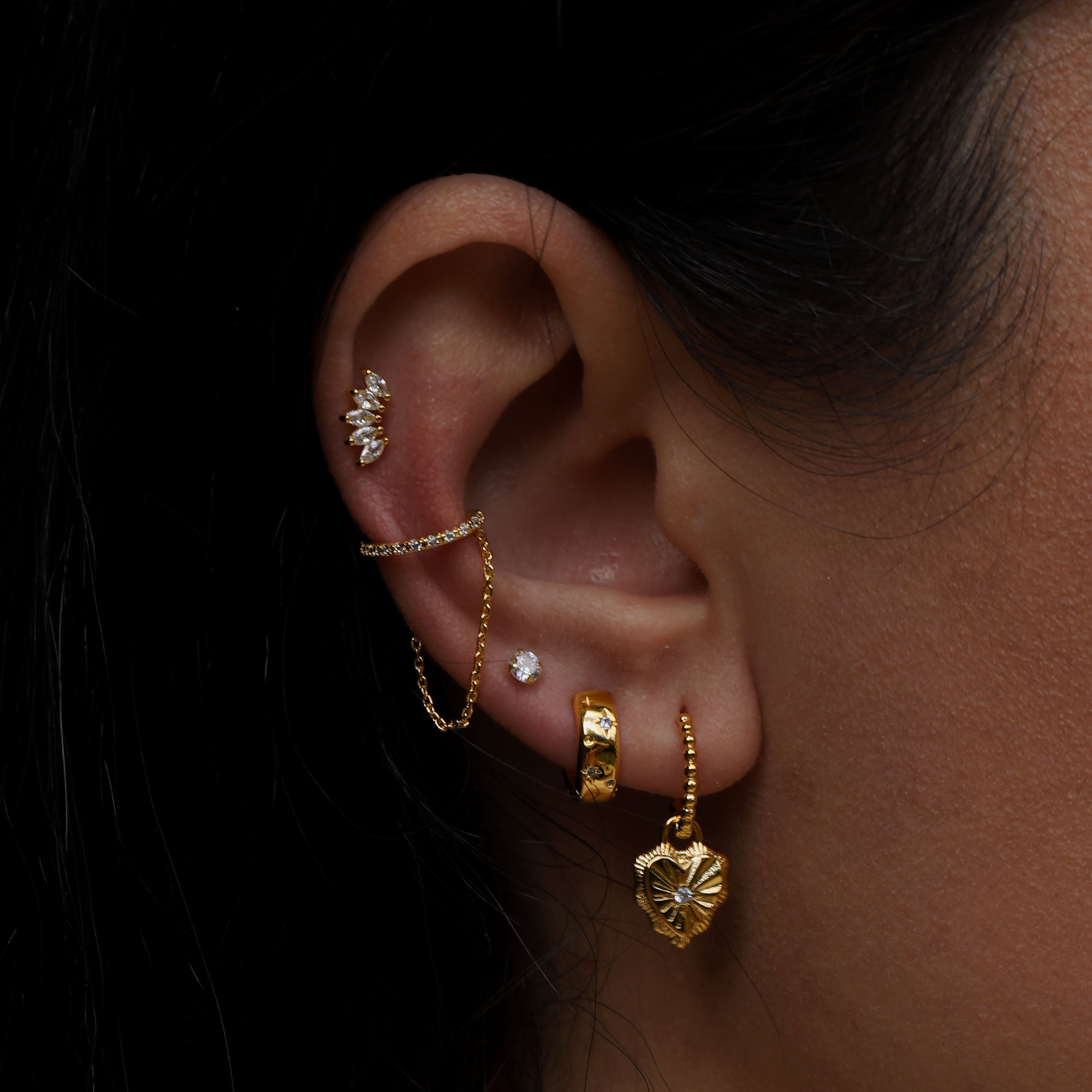Arc Tragus Helix Cartilage & Conch Ear Piercing On Model - 14K Solid Rose Gold