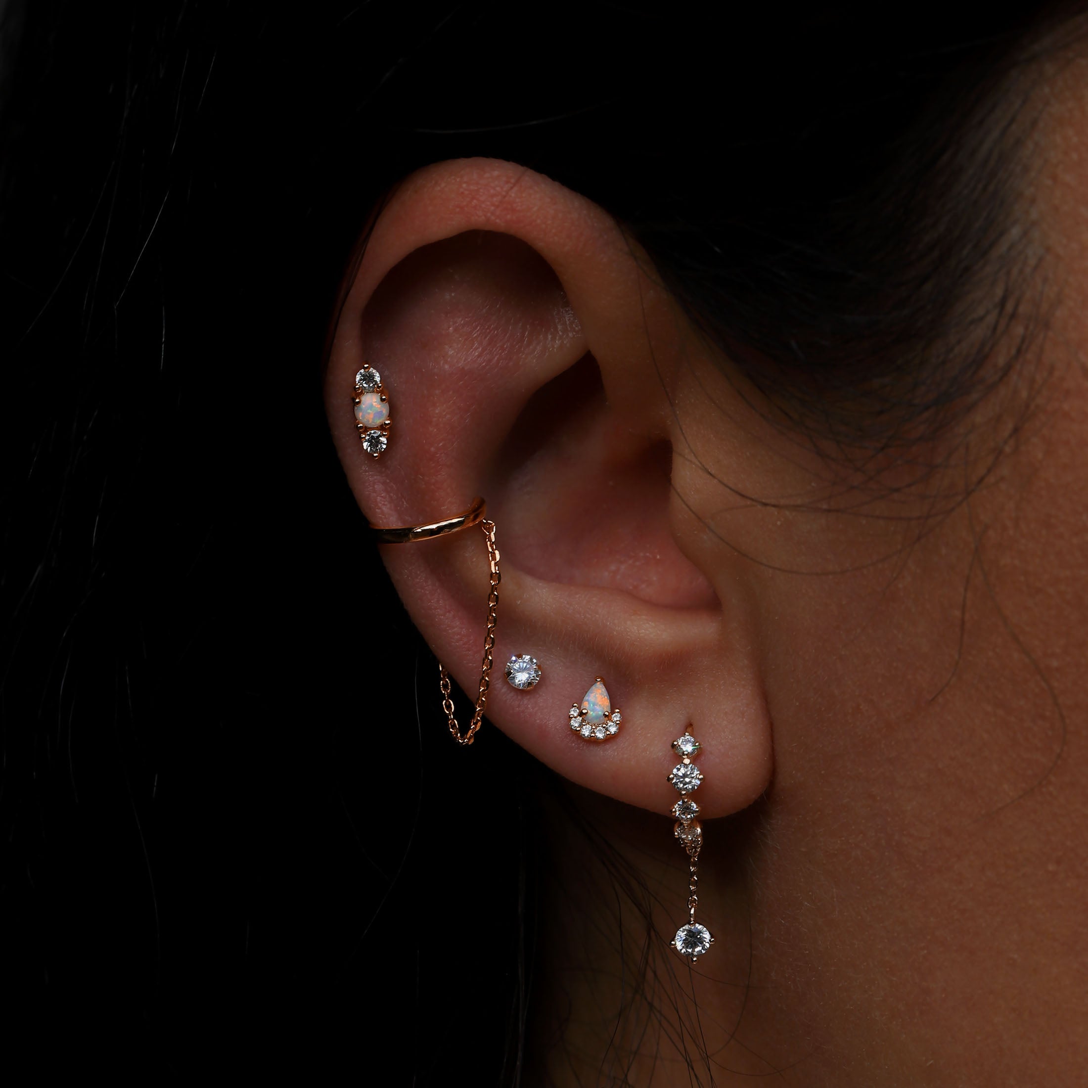 Gatsby Opal Gemstone Helix Tragus Cartilage & Conch Ear Piercing On Model - Rose Gold