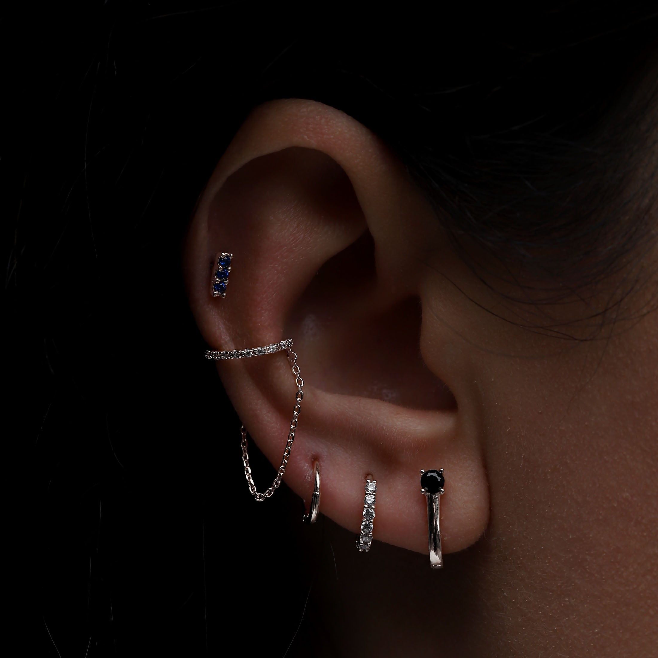 Ascension Sapphire Helix Tragus Cartilage & Conch Ear Piercing On Model - Sterling Silver