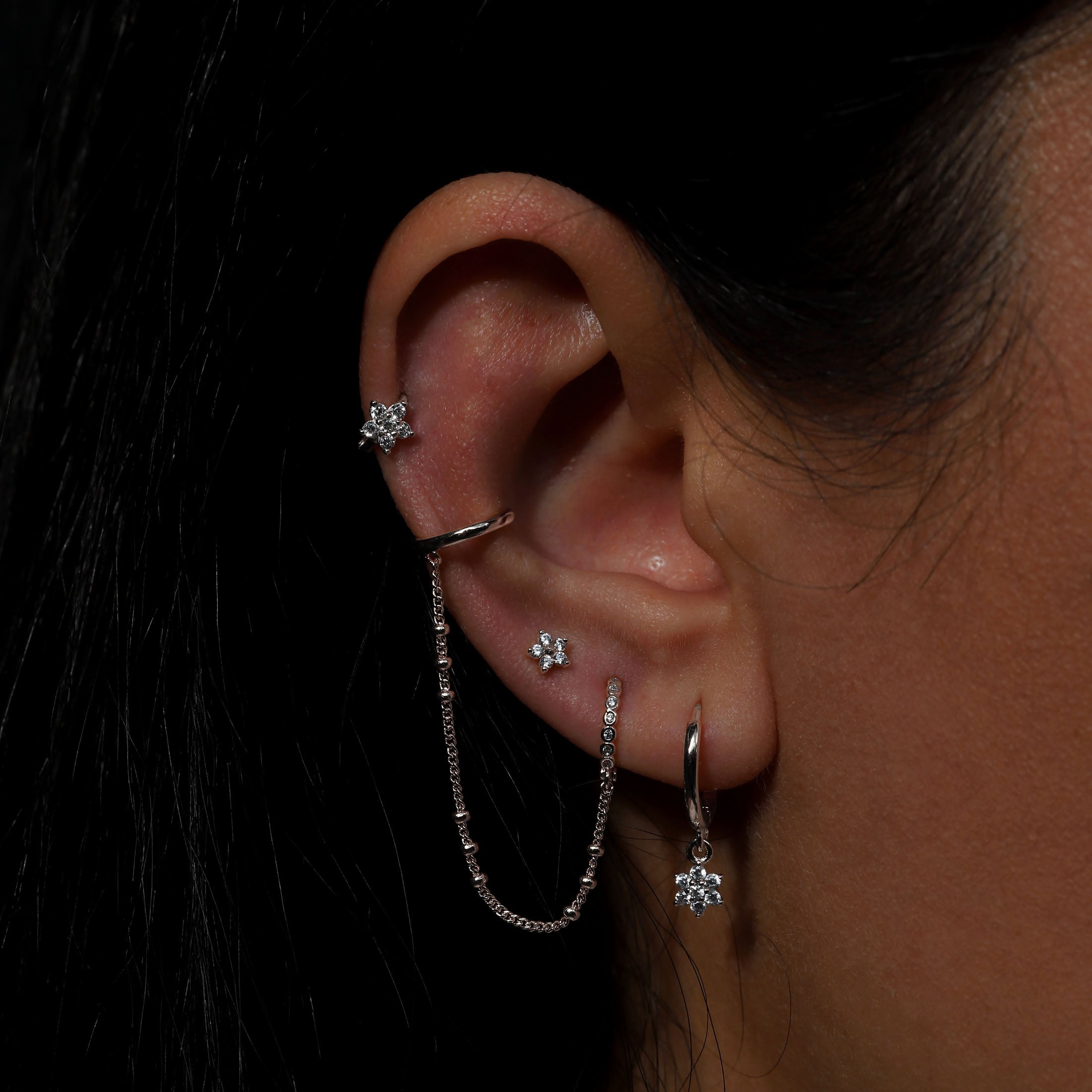 Bloom Flower Helix Tragus Cartilage & Conch Ear Piercing On Model - Sterling Silver