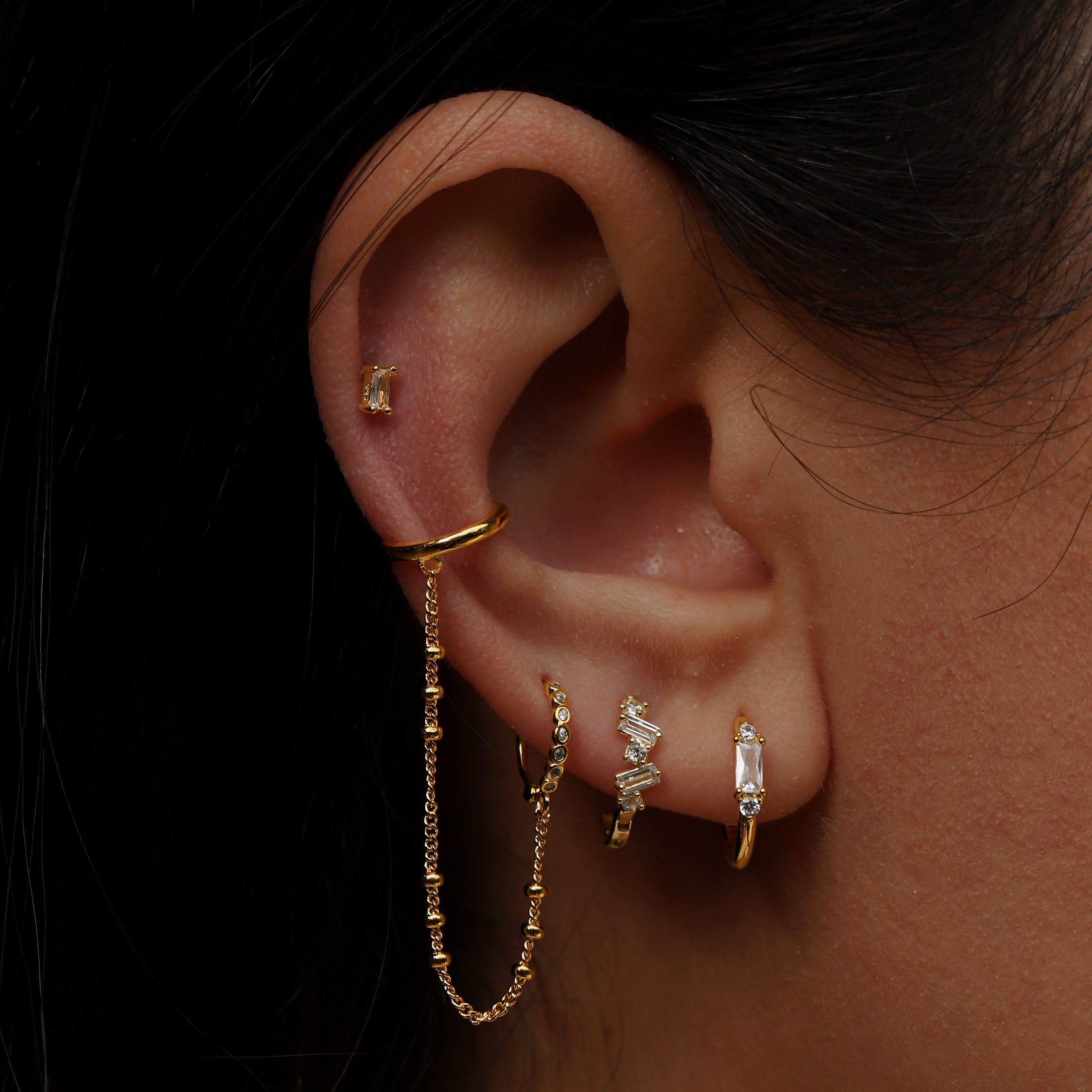 Bounty Baguette Gemstone Helix Tragus Cartilage & Conch Ear Piercing On model - Gold