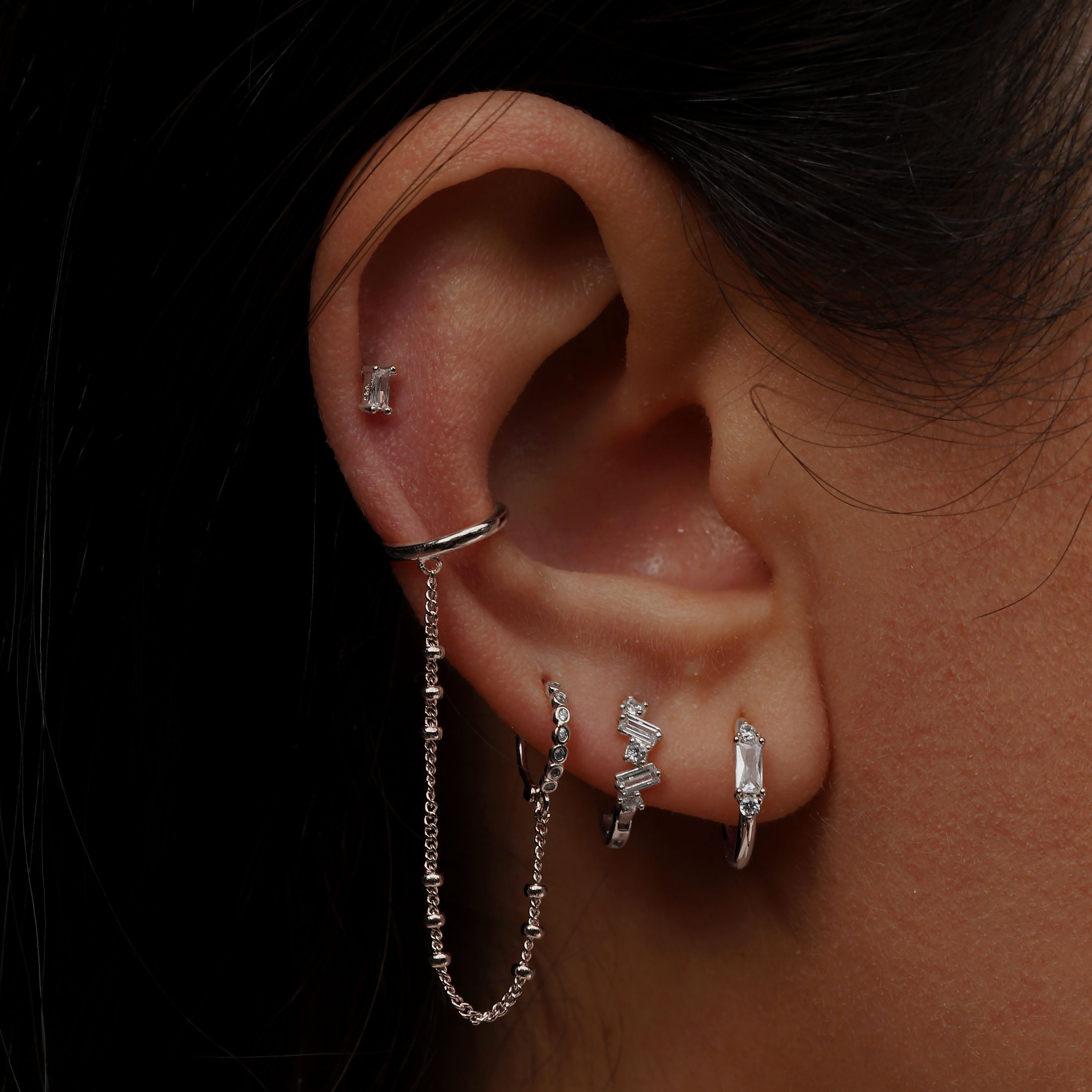Bounty Baguette Gemstone Helix Tragus Cartilage & Conch Ear Piercing On Model - Sterling Silver