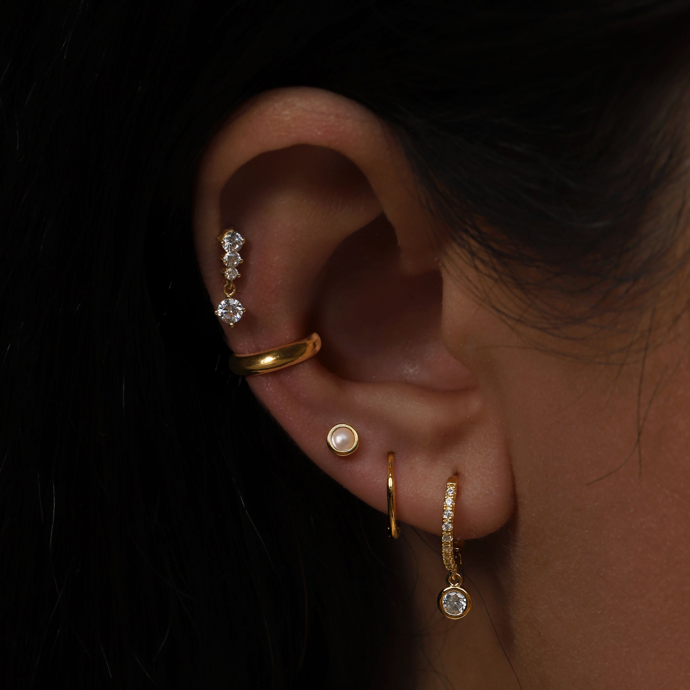 June Birthstone Tragus Helix Cartilage & Conch Ear Piercing On Model - Gold