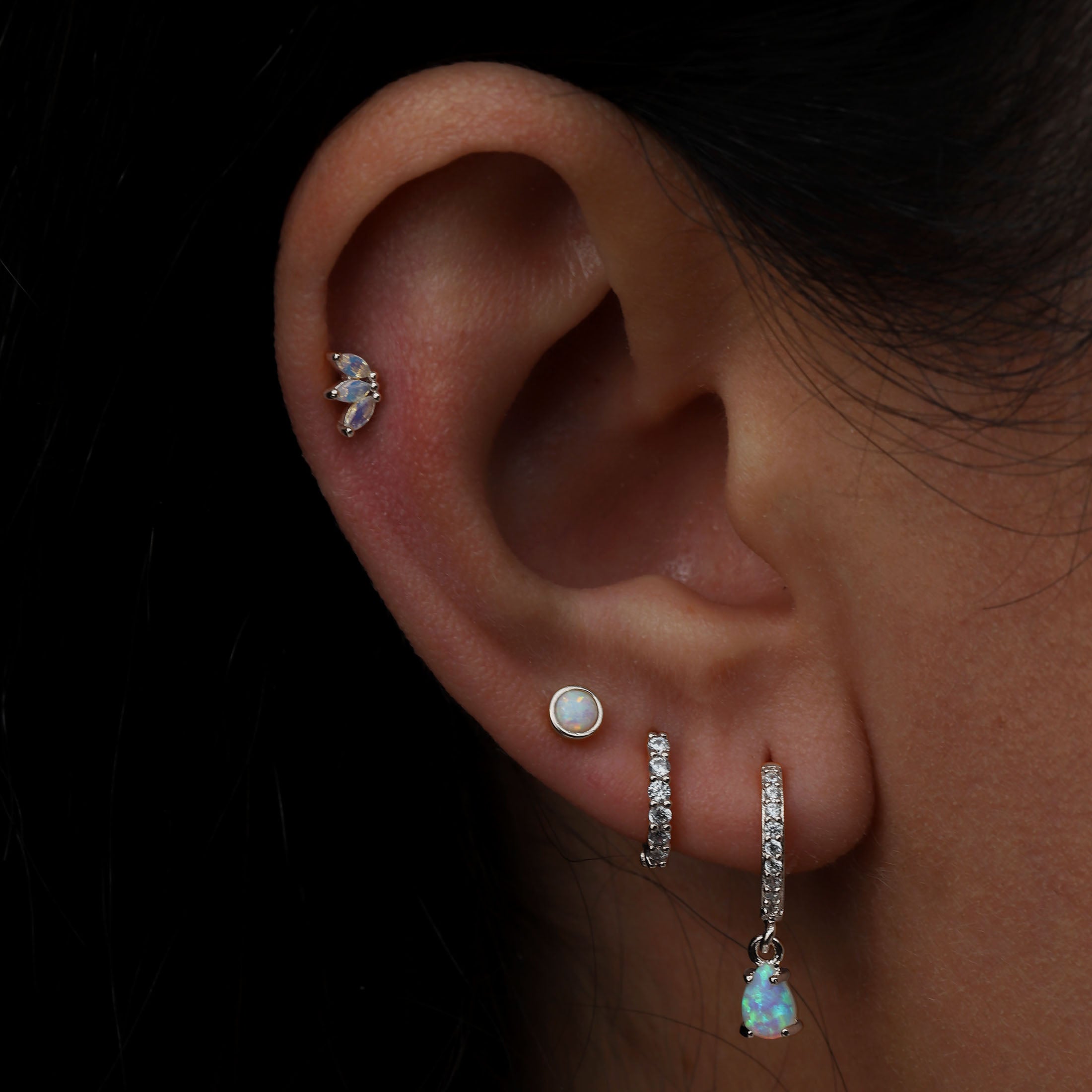 October Birthstone Tragus Helix & Conch Ear Piercing On Model - Sterling Silver