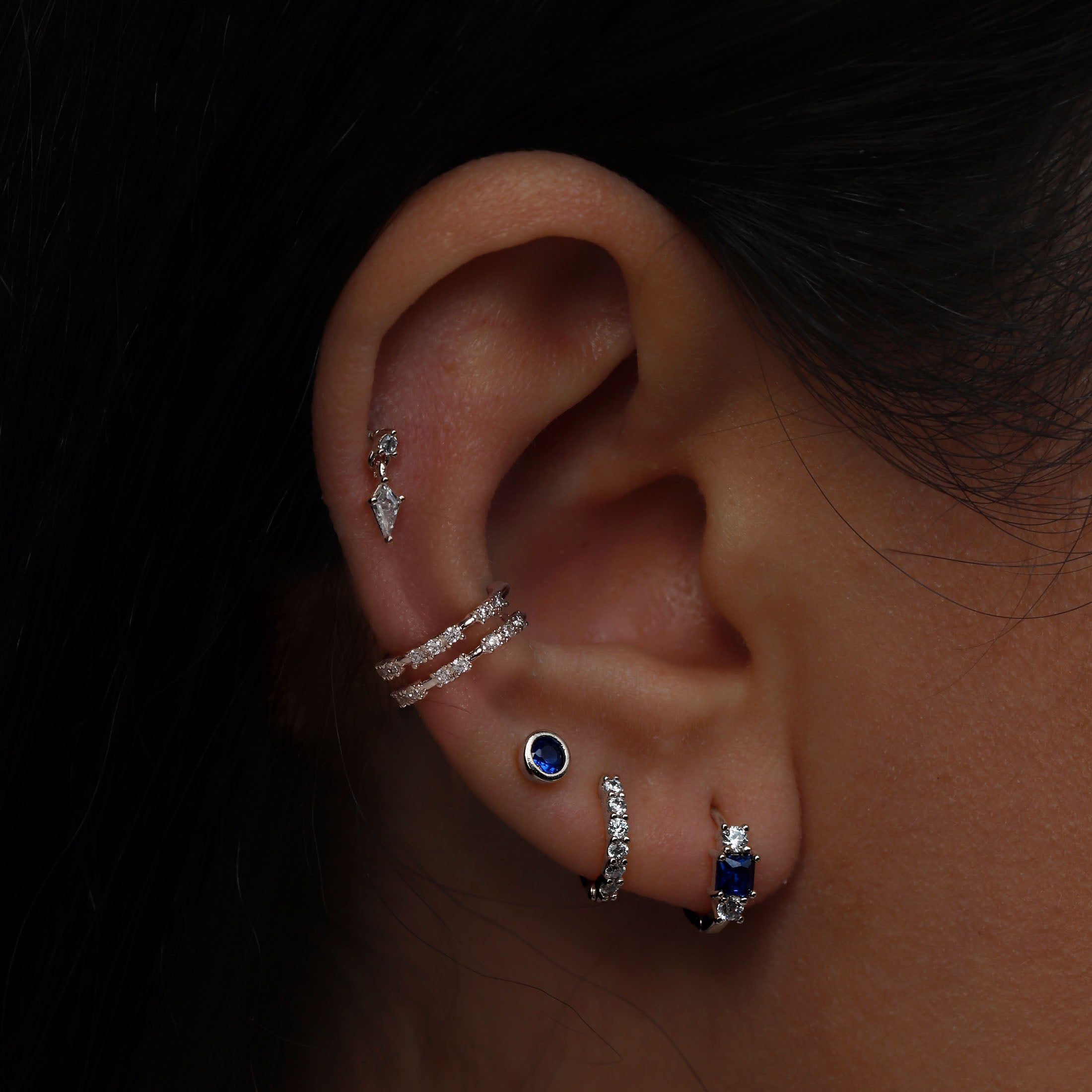 September Birthstone Tragus Helix & Conch Ear Piercing On Model - Silver