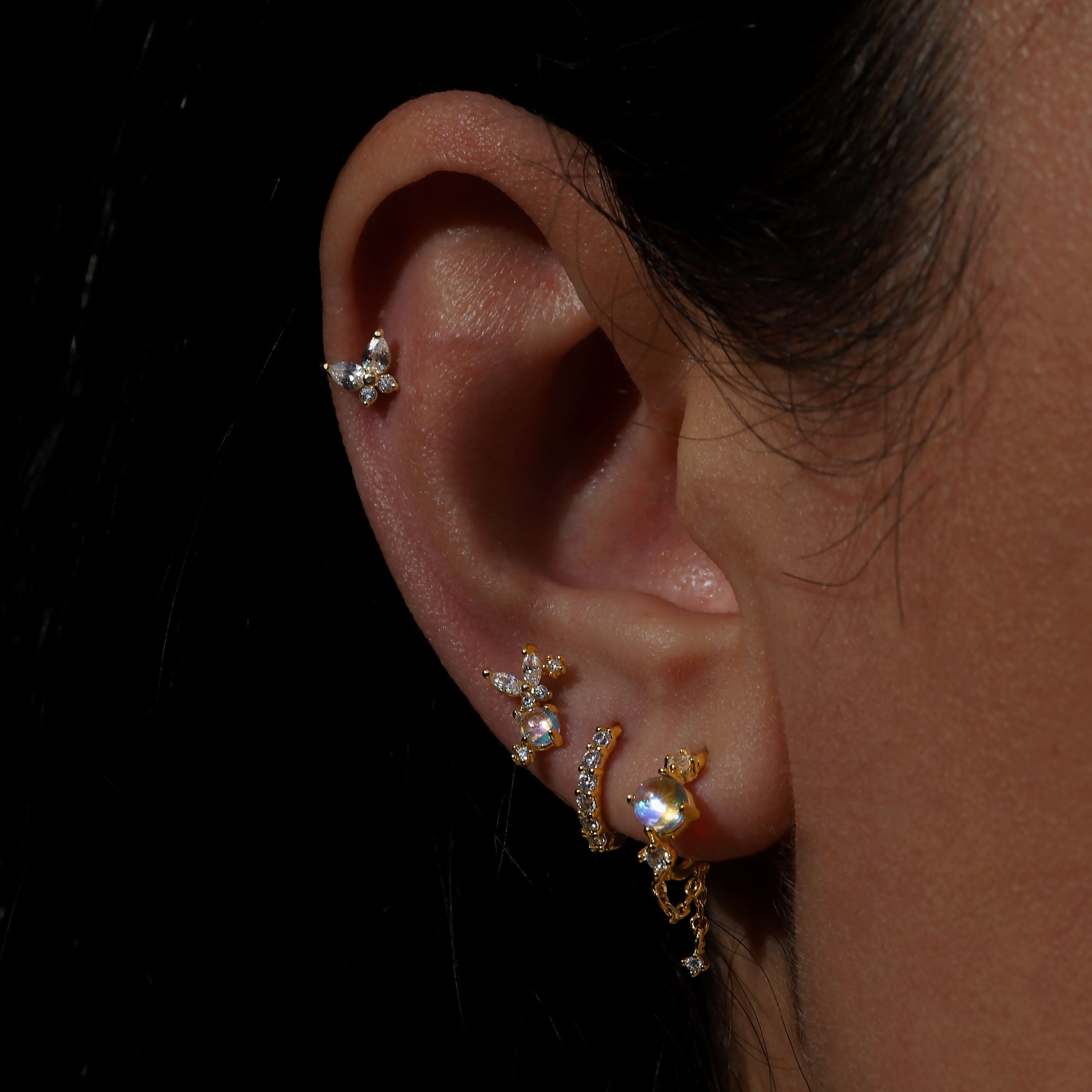 Butterfly Tragus Helix Cartilage & Conch Ear Piercing On Model - 14K Solid Gold