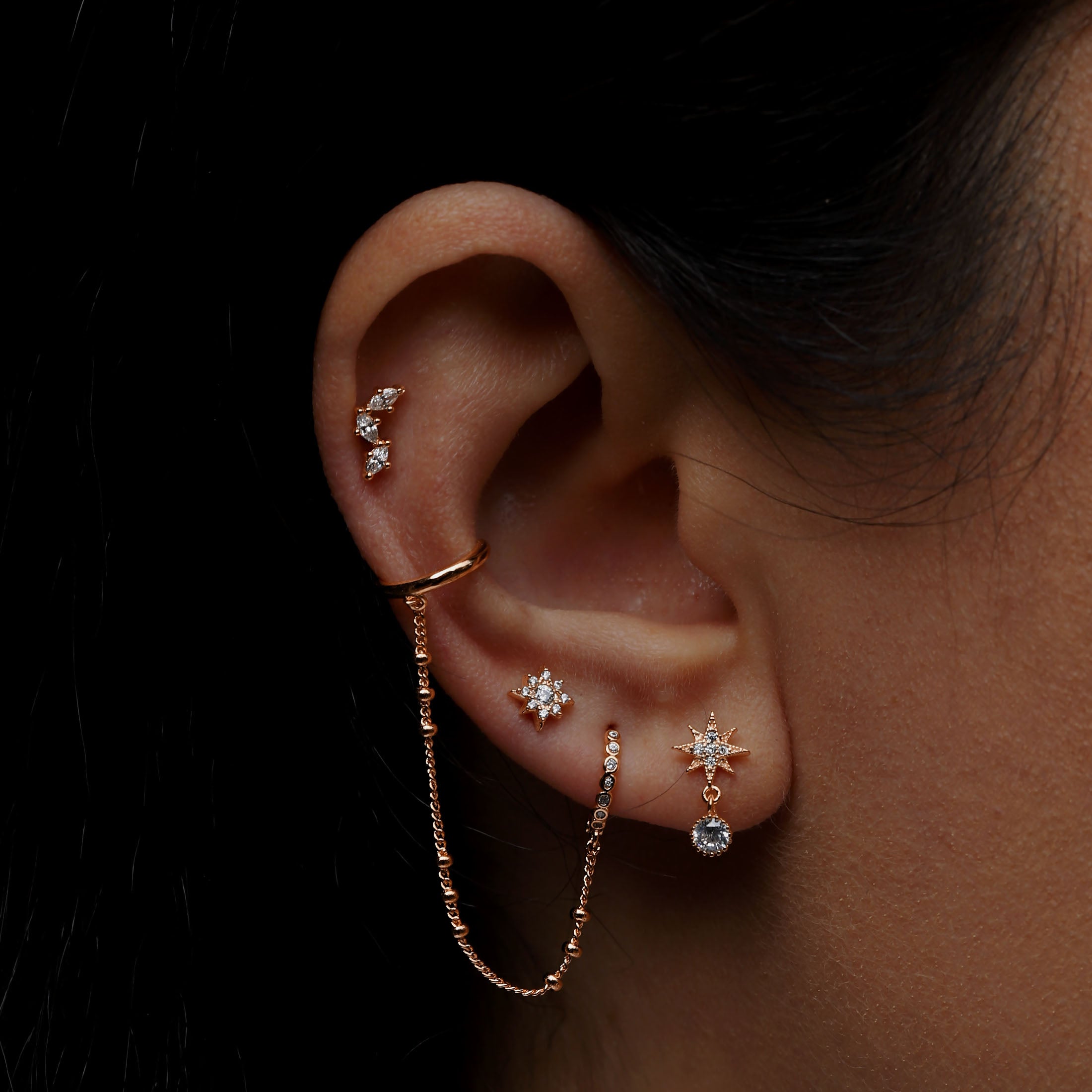 Calis Gemstone Helix Tragus Cartilage & Conch Ear Piercing On Model - Gold
