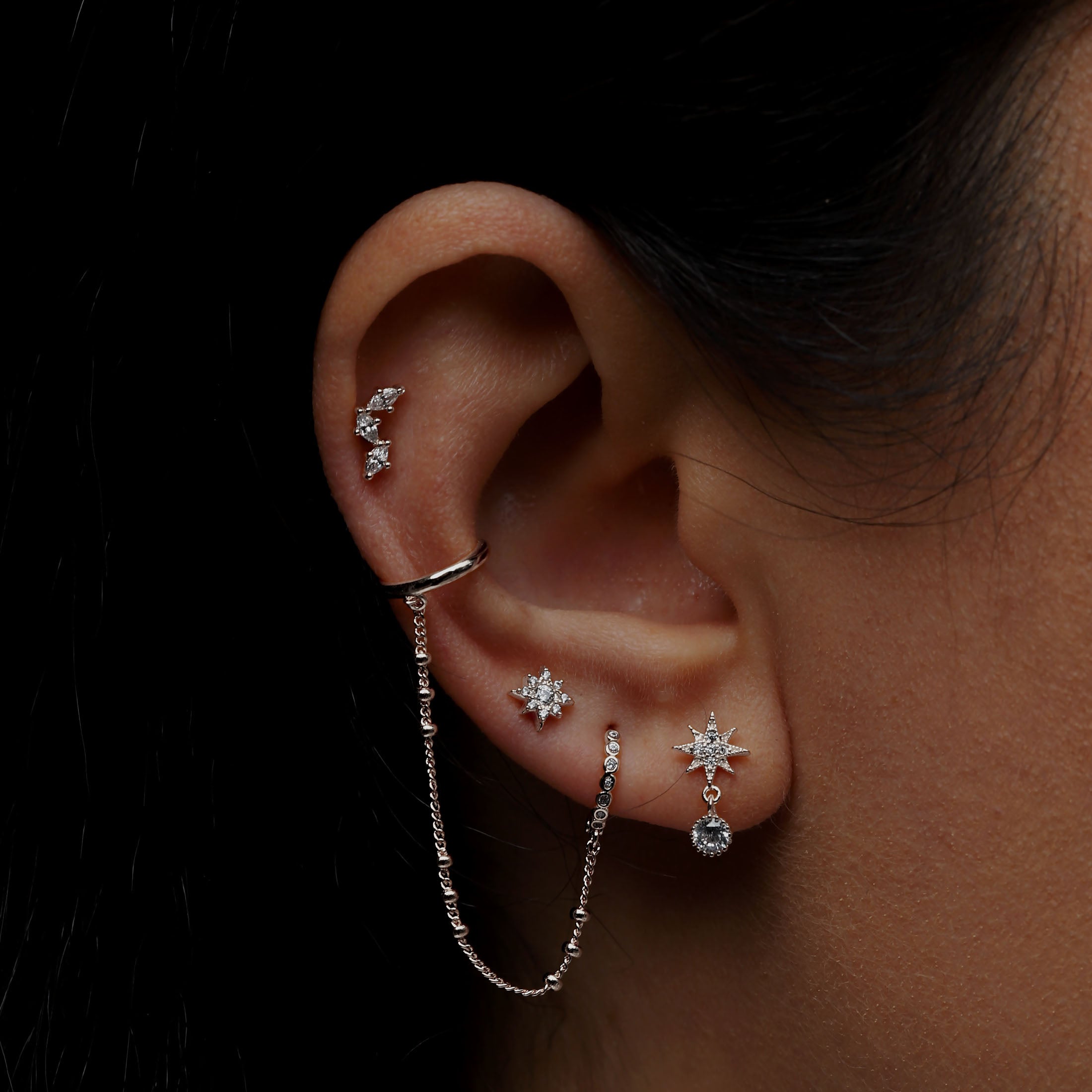Calis Gemstone Helix Tragus Cartilage & Conch Ear Piercing On Model - Sterling Silver